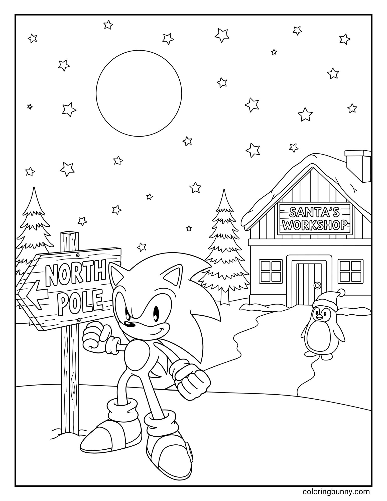 A black and white coloring page featuring Sonic the Hedgehog at the North Pole. He is standing next to a "NORTH POLE" sign, with "SANTA'S WORKSHOP" and a penguin in the background under a starry night sky.