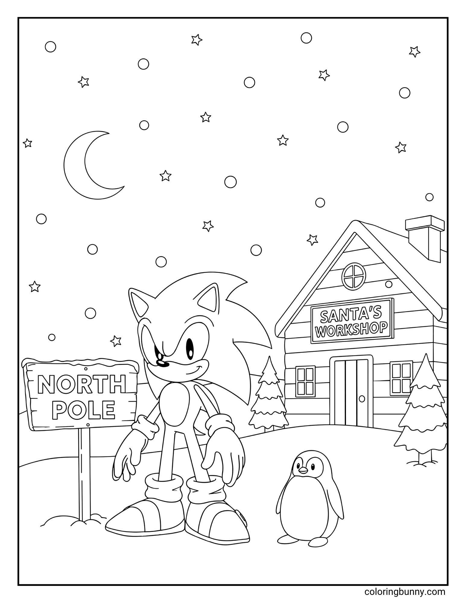 A black and white coloring page featuring Sonic the Hedgehog at the North Pole. He is standing next to a "NORTH POLE" sign and a small penguin, with "SANTA'S WORKSHOP" in the background under a snowy, starry sky.