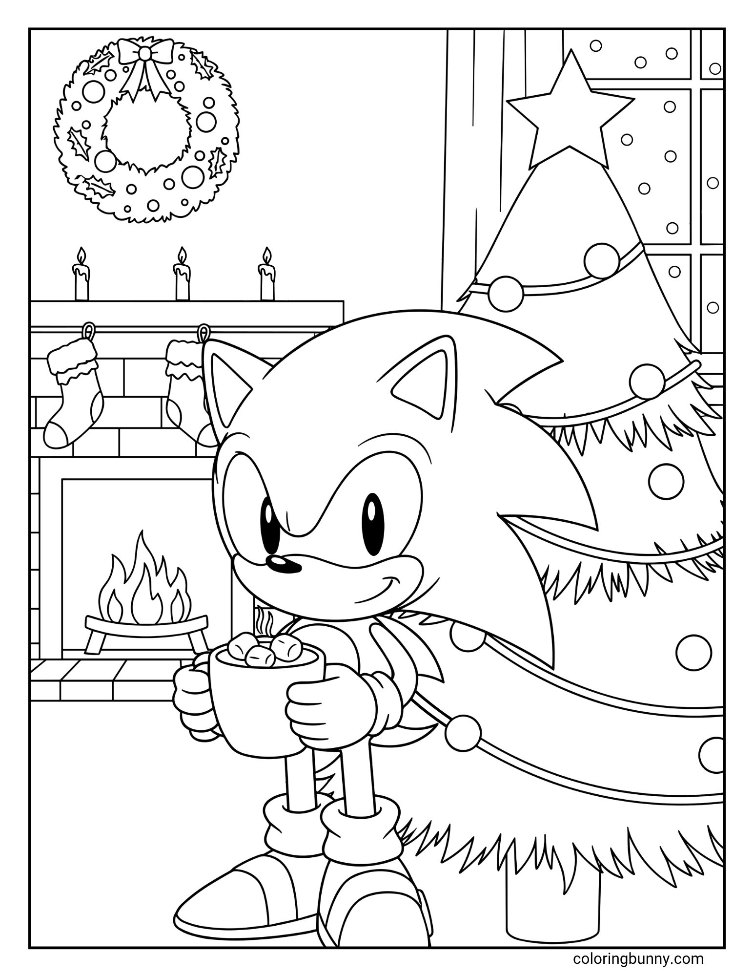 A black and white coloring page featuring Sonic the Hedgehog holding a mug of hot cocoa. He is standing in a festive room with a Christmas tree, a fireplace with stockings, and a snowy window.