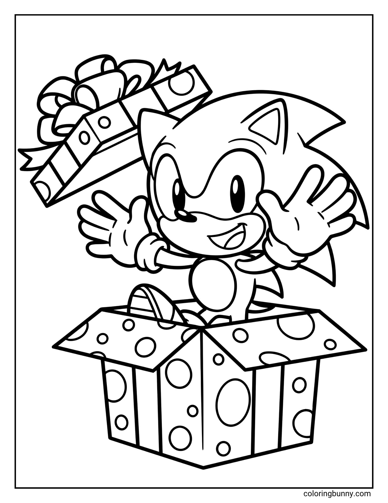 A coloring page featuring Sonic the Hedgehog. He is happily popping out of a polka-dotted Christmas present box, throwing the lid into the air.