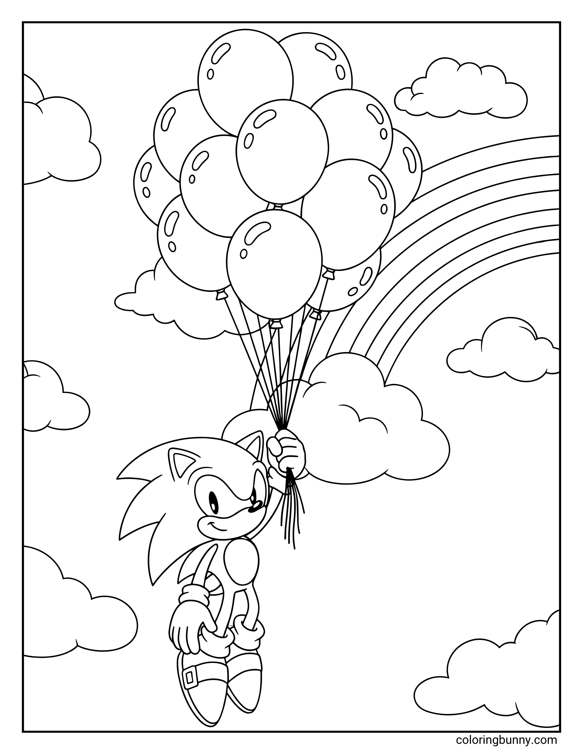 A coloring page of Sonic the Hedgehog floating happily through the sky, holding a bunch of balloons. Behind him are fluffy clouds and a bright rainbow stretching across the background.