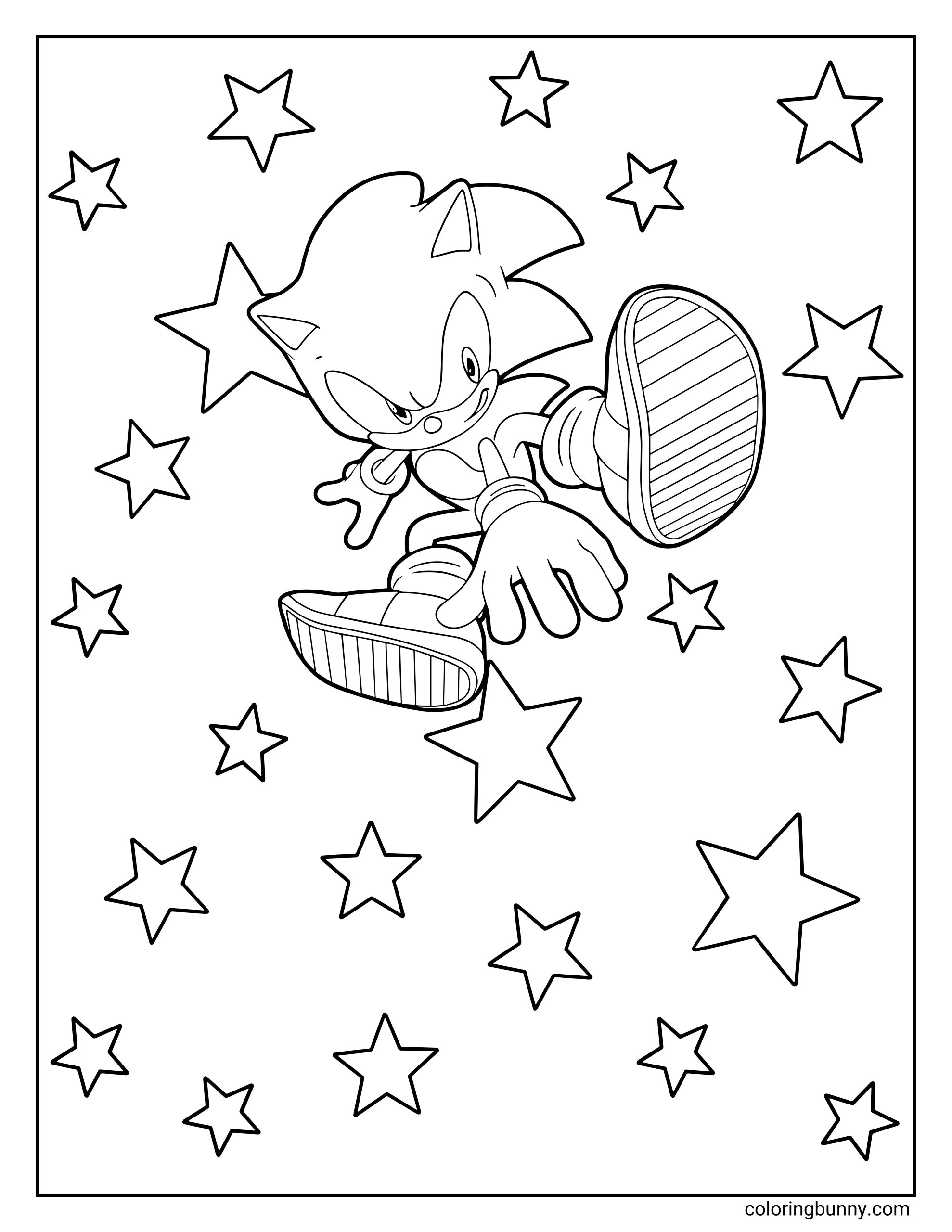Sonic the Hedgehog coloring page from Sonic Frontiers showing Sonic mid-jump surrounded by stars. He’s striking a bold action pose with one hand outstretched and his sneaker coming toward the viewer, full of energy and attitude.