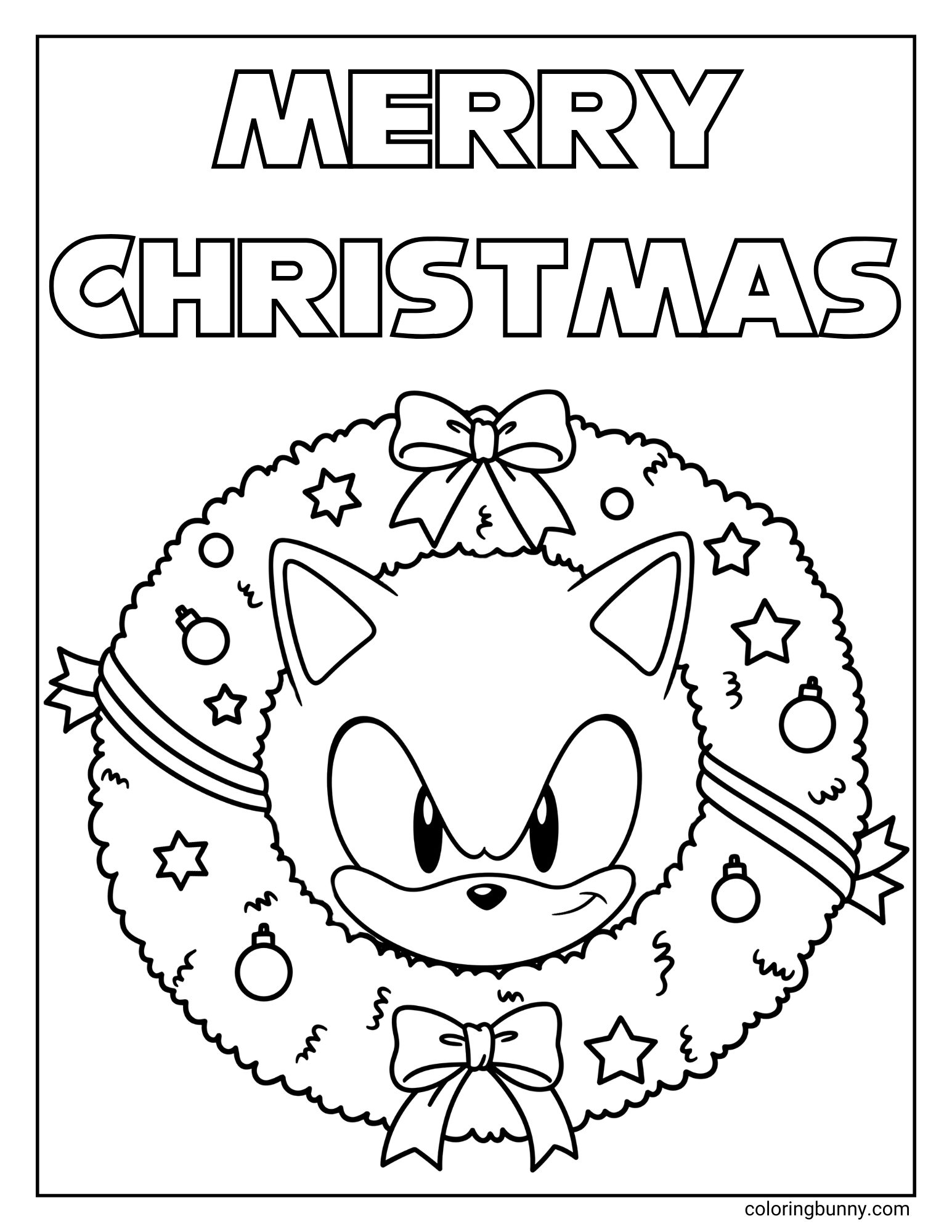 A black and white coloring page with the text "MERRY CHRISTMAS" at the top. The image features Sonic the Hedgehog's head in the center of a decorated Christmas wreath.
