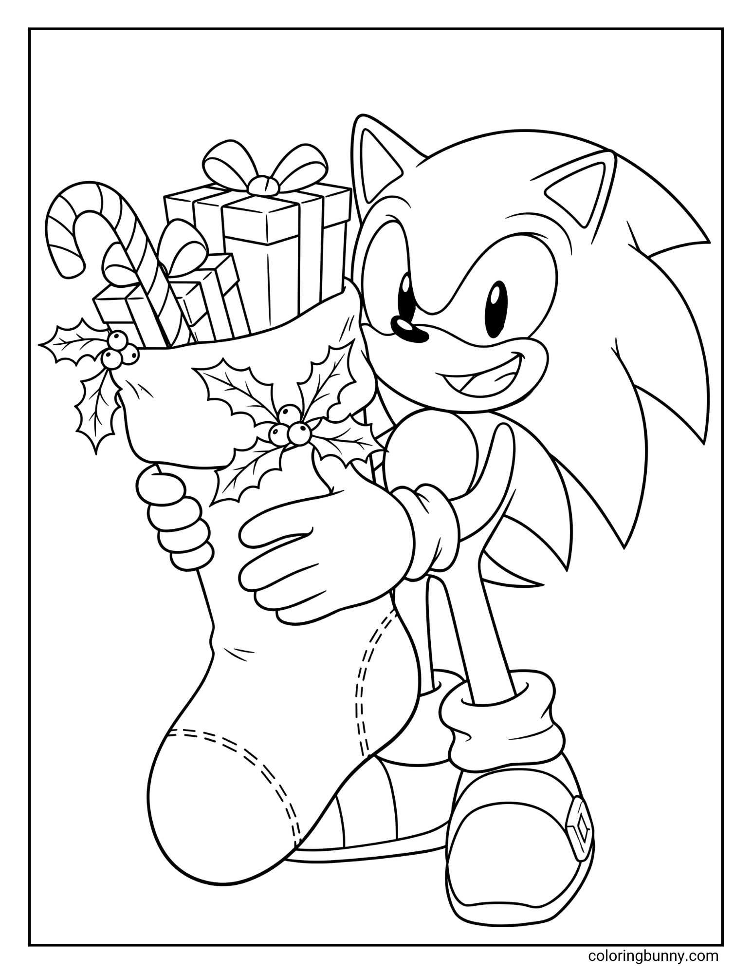A Christmas coloring page featuring Sonic the Hedgehog. He is smiling and holding a large Christmas stocking that is filled with presents and candy canes and decorated with holly.