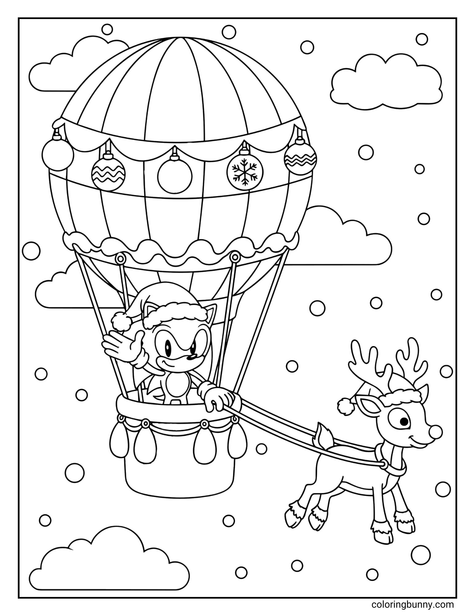 A Christmas coloring page featuring Sonic the Hedgehog. He is wearing a Santa hat and riding in a hot air balloon, which is being pulled by a reindeer in a snowy sky.