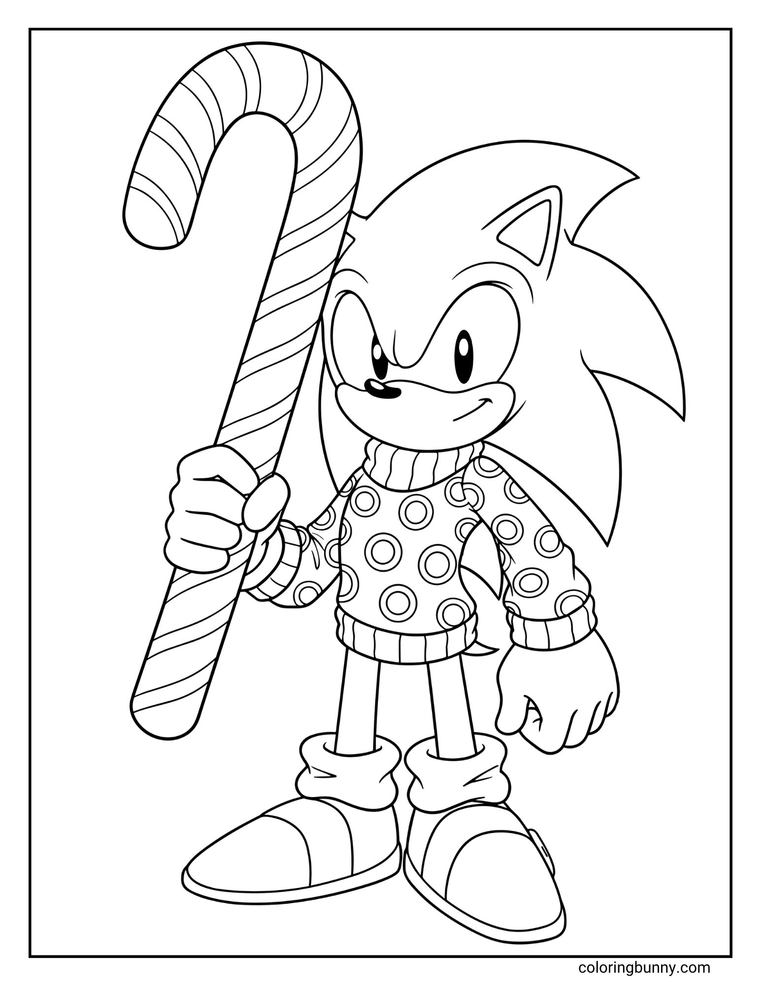 A Christmas coloring page featuring Sonic the Hedgehog. He is wearing a patterned Christmas sweater and holding a giant, striped candy cane.