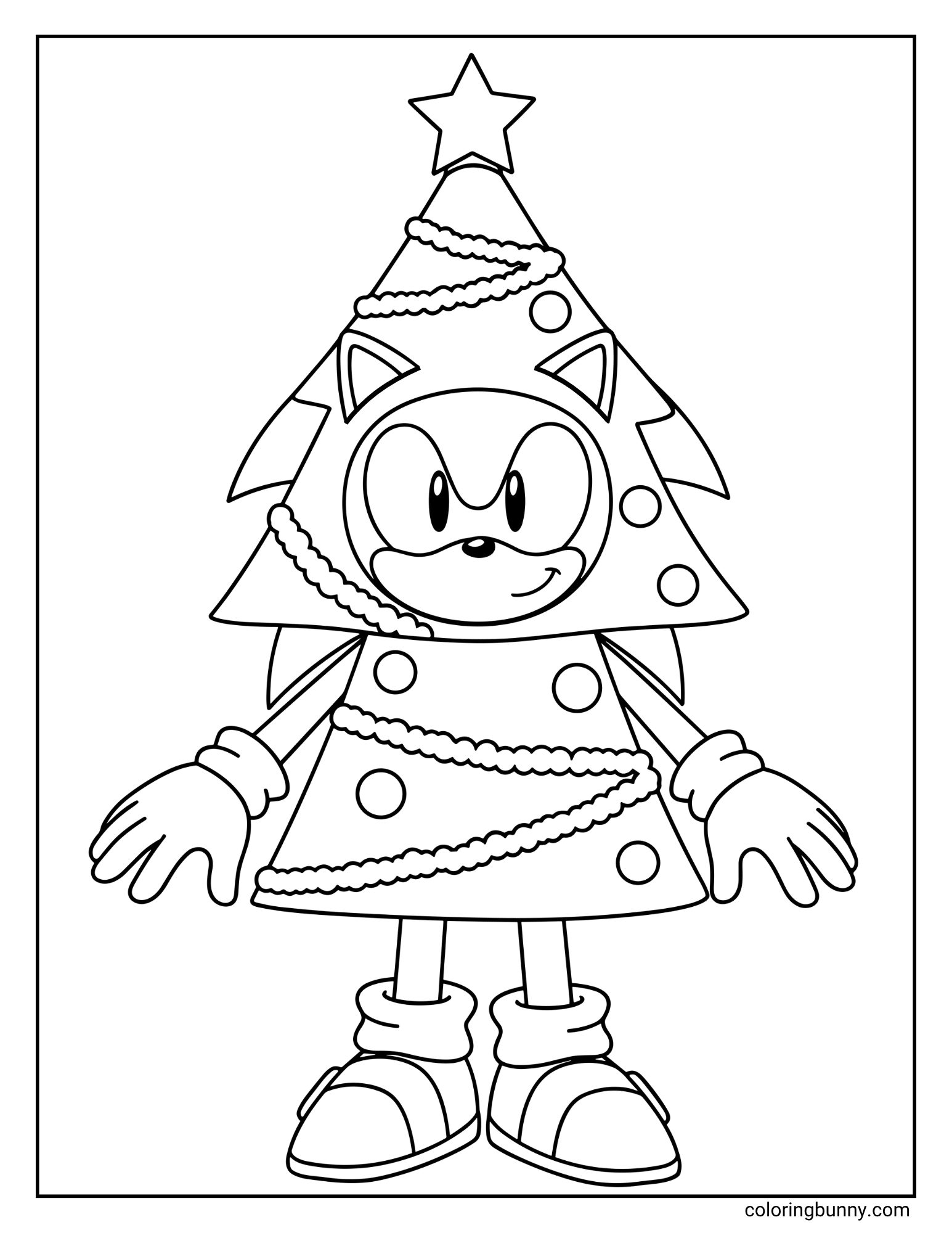 A black and white coloring page featuring Sonic the Hedgehog. He is standing and wearing a full-body Christmas tree costume, complete with a star on top, garlands, and ornaments.