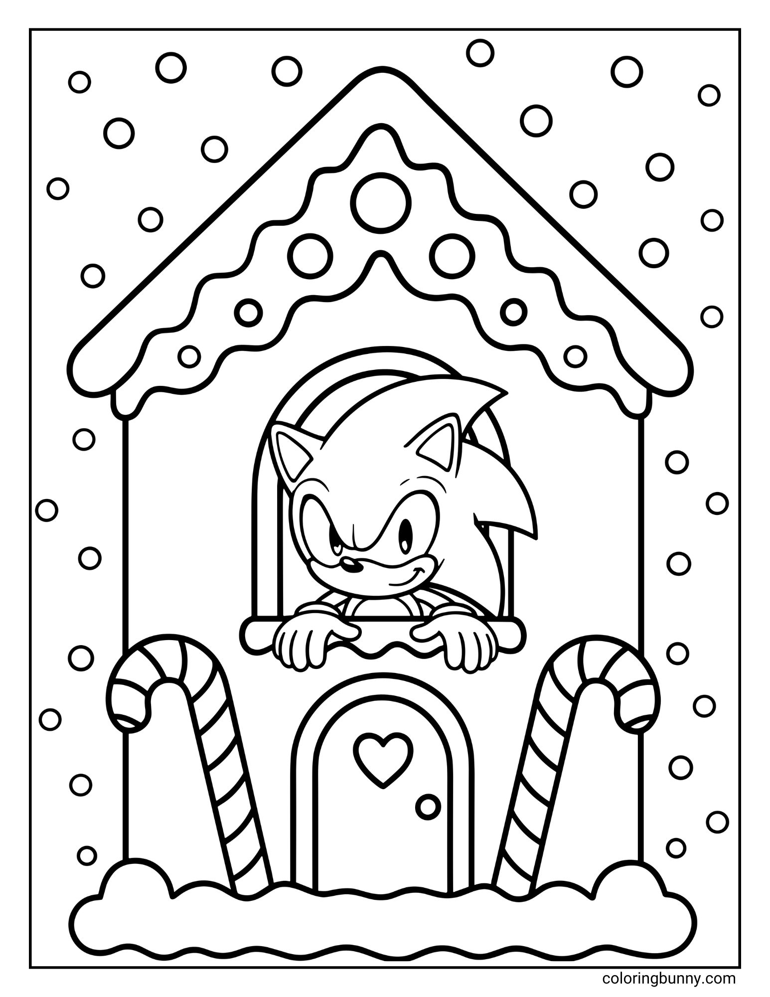 A Christmas coloring page featuring Sonic the Hedgehog. He is peeking out the window of a decorated gingerbread house. The house has candy cane pillars, and it is snowing.