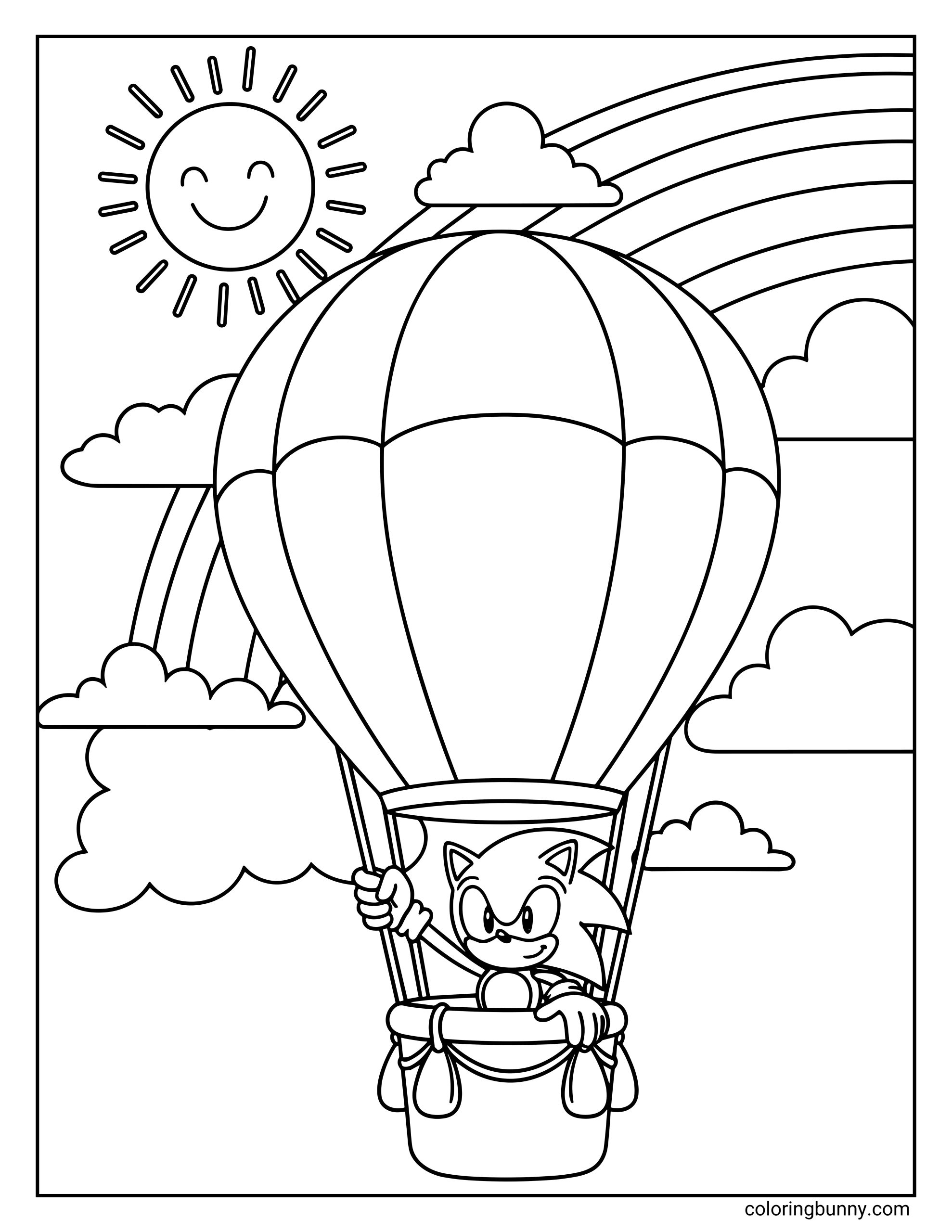A coloring page of Sonic the Hedgehog riding in a hot air balloon high above the clouds, with a smiling sun and rainbow in the background.