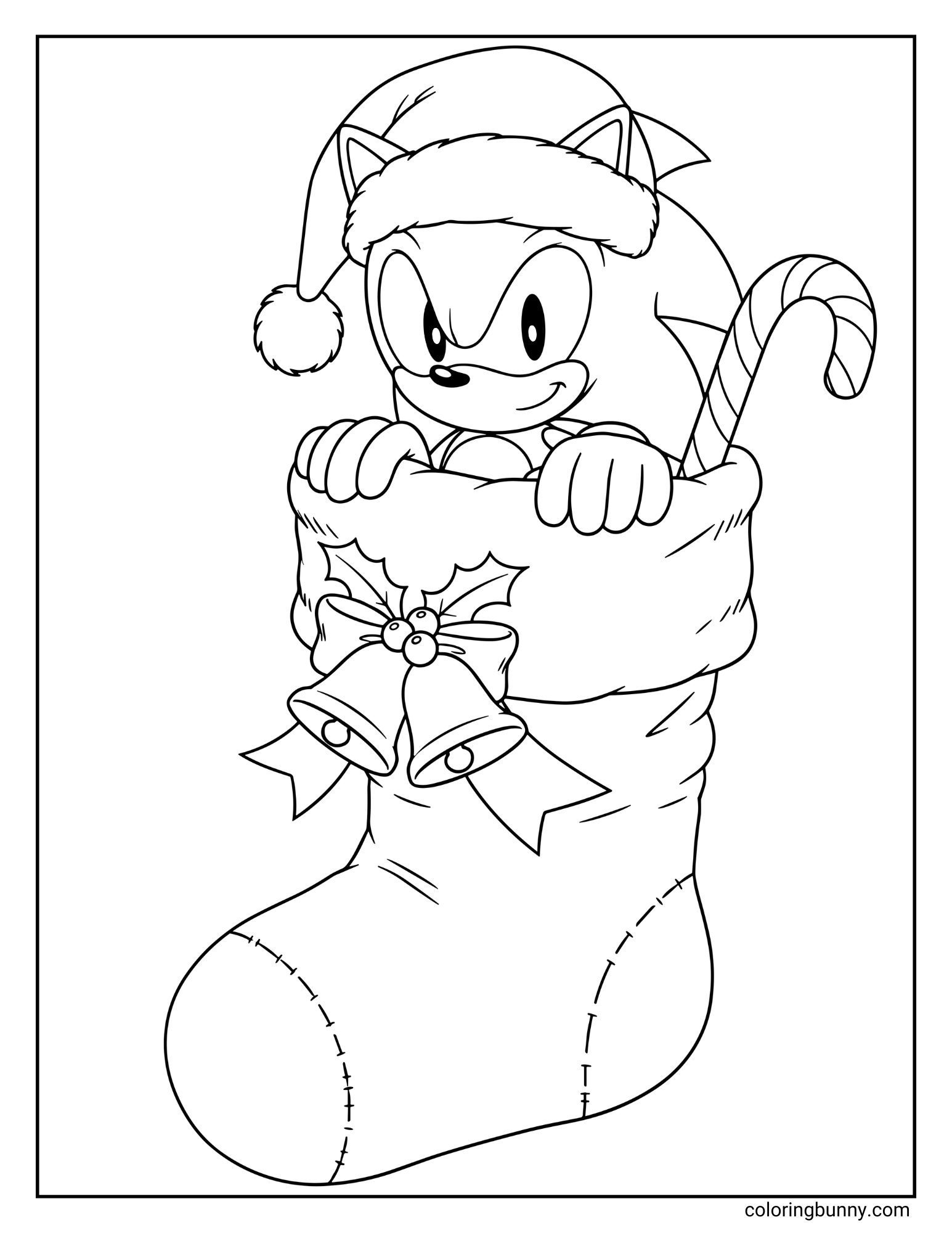 A black and white coloring page featuring Sonic the Hedgehog wearing a Santa hat. He is peeking out of a large Christmas stocking that is decorated with jingle bells and holly, and also holds a candy cane.