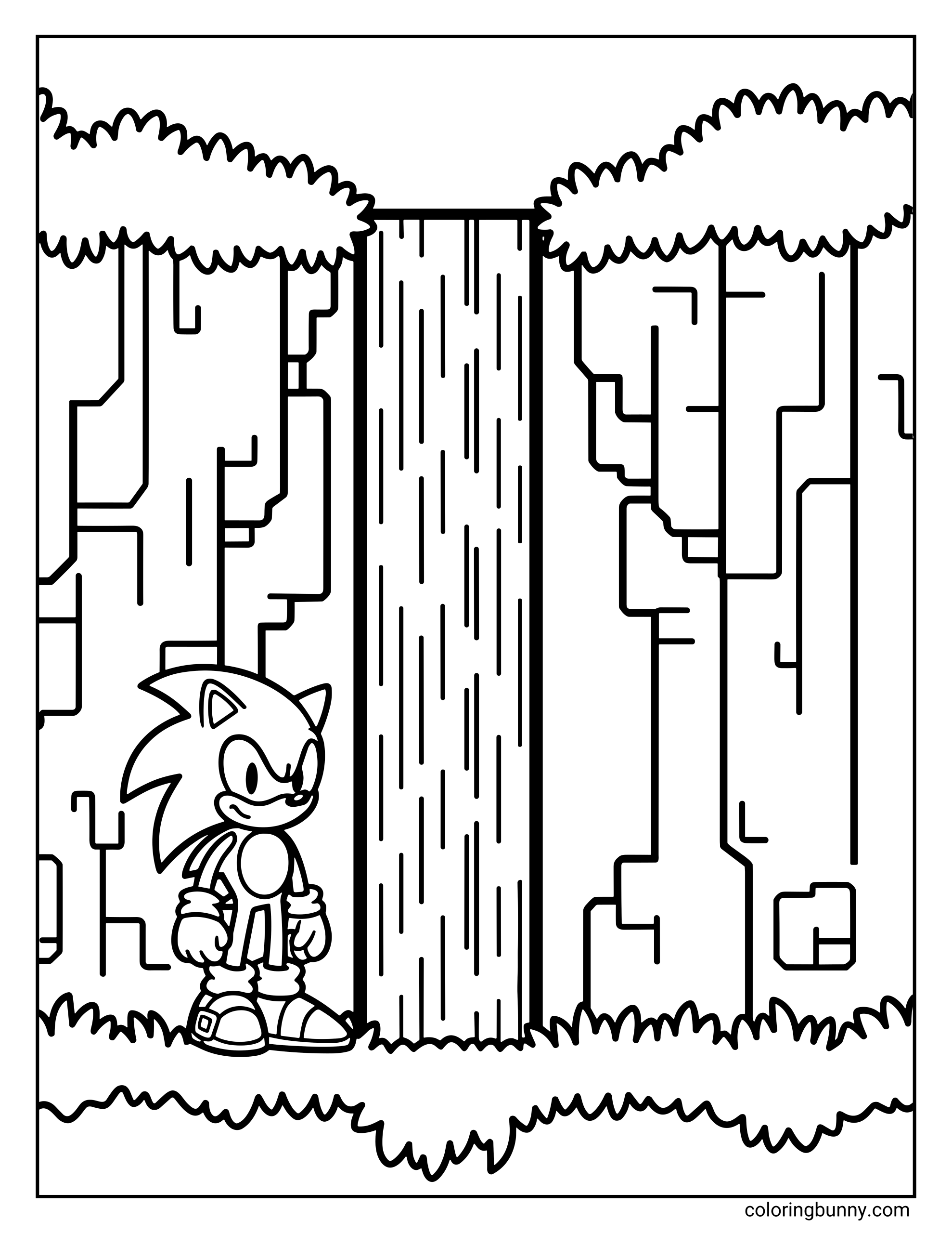 A coloring page of Sonic the Hedgehog standing proudly in front of a tall waterfall on Angel Island, surrounded by cliffs and lush greenery.