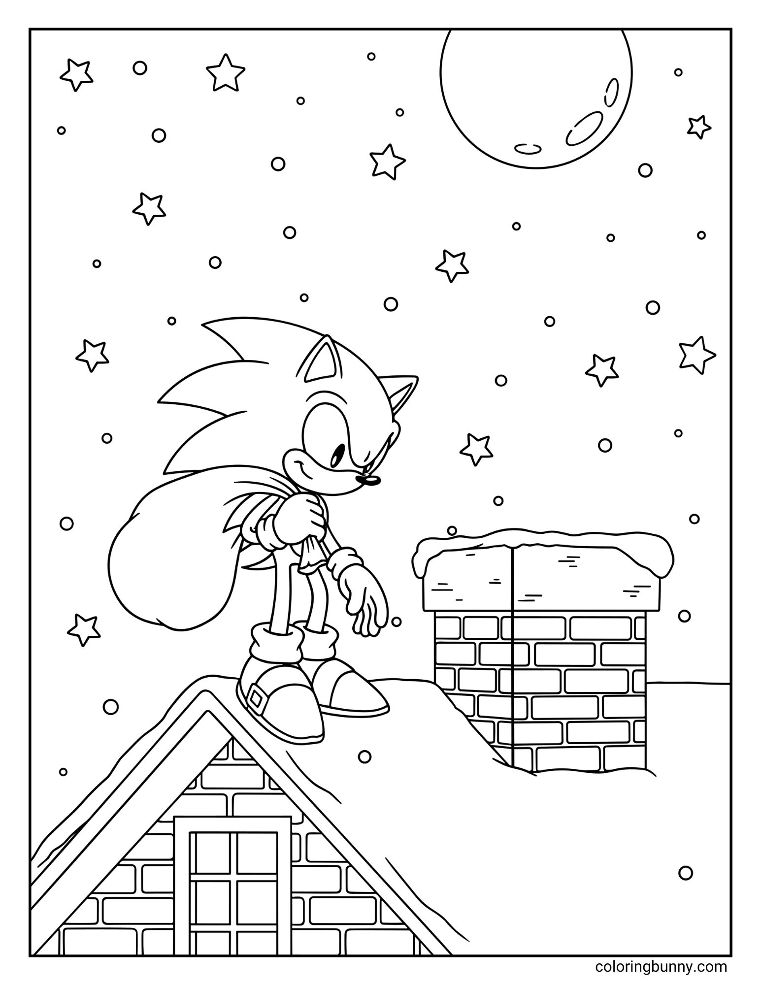 A black and white coloring page featuring Sonic the Hedgehog on a snowy rooftop. He is holding a sack of presents and is about to go down a chimney under a starry night sky.