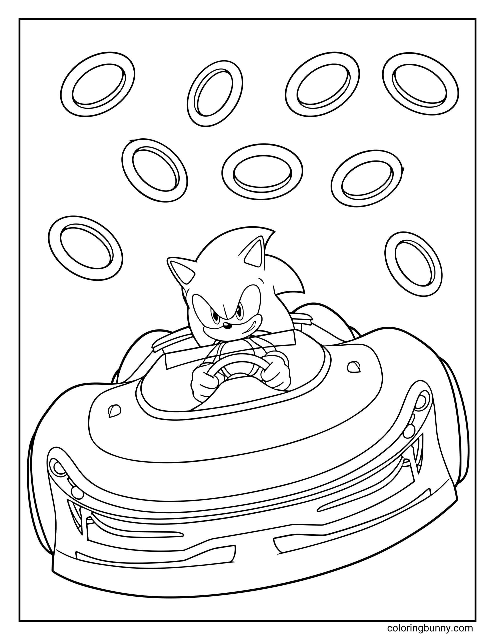 A sonic racing: crossworlds coloring page of Sonic the Hedgehog racing in a sleek sports car with golden rings floating around him, ready to speed through the track.