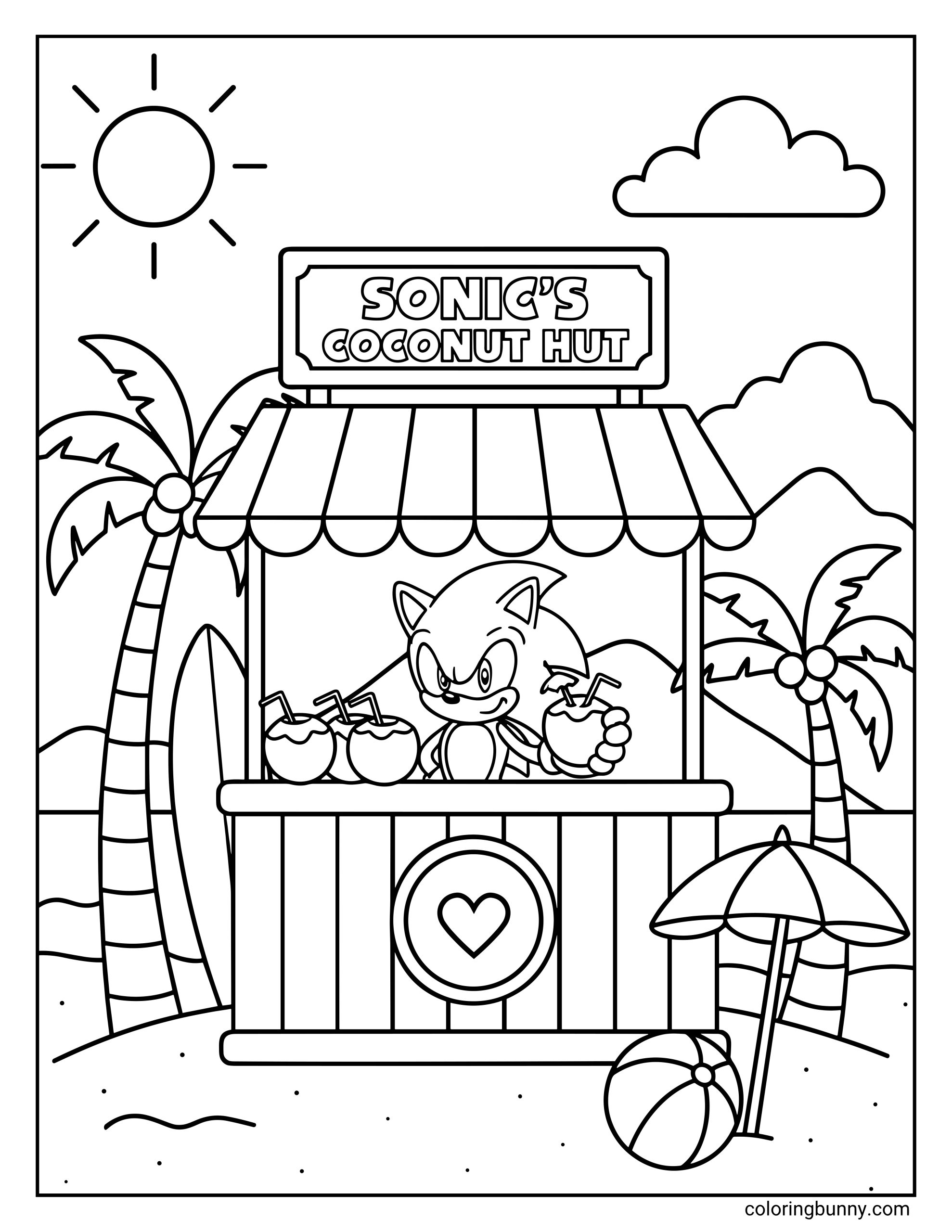 A coloring page of Sonic the Hedgehog at his beach stand called “Sonic’s Coconut Hut.” He’s serving refreshing coconut drinks with straws under a sunny sky, surrounded by palm trees, a surfboard, umbrella, and beach ball.