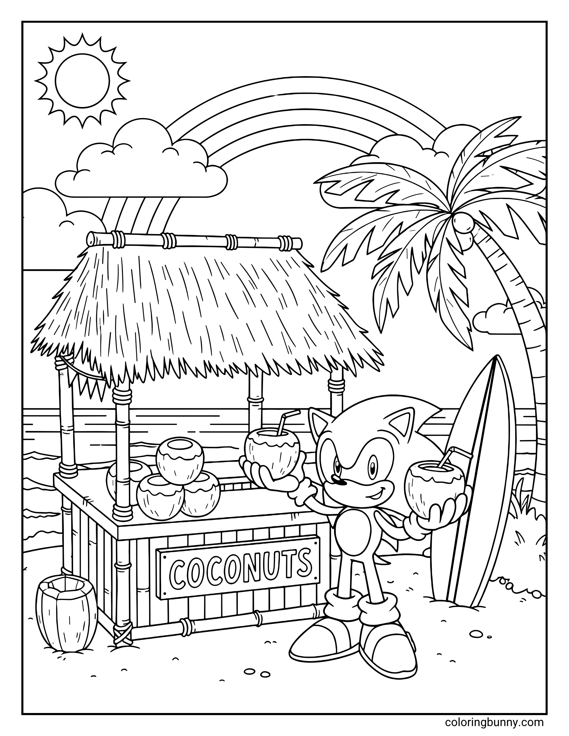 A coloring page of Sonic the Hedgehog at a tropical beach coconut stand. He’s holding two coconuts with straws while standing beside a surfboard, palm tree, rainbow, and the ocean waves under a sunny sky.