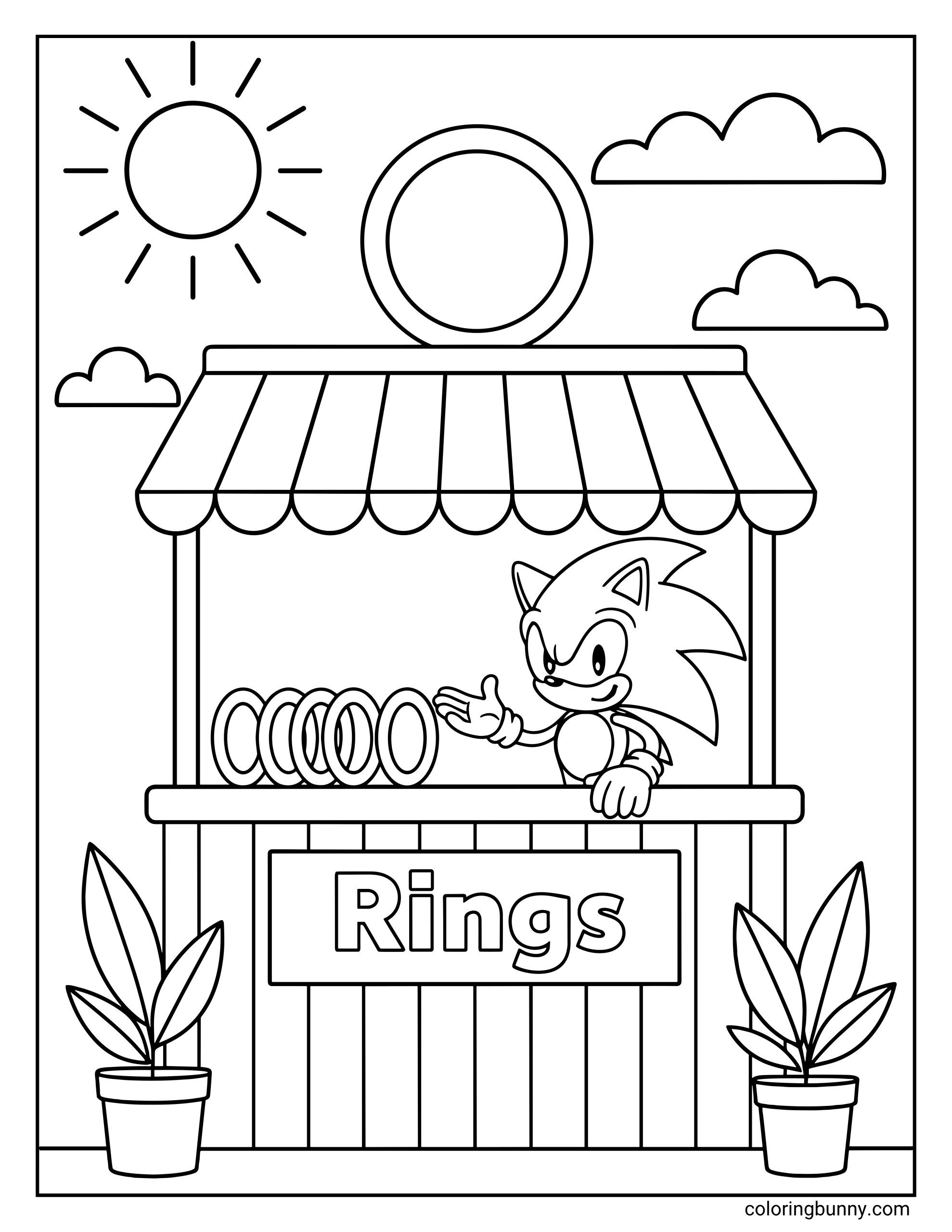 A coloring page of Sonic the Hedgehog standing at a small market stall labeled “Rings,” proudly showing off shiny gold rings. The sun shines in the sky with a few clouds and potted plants on each side of the stand.