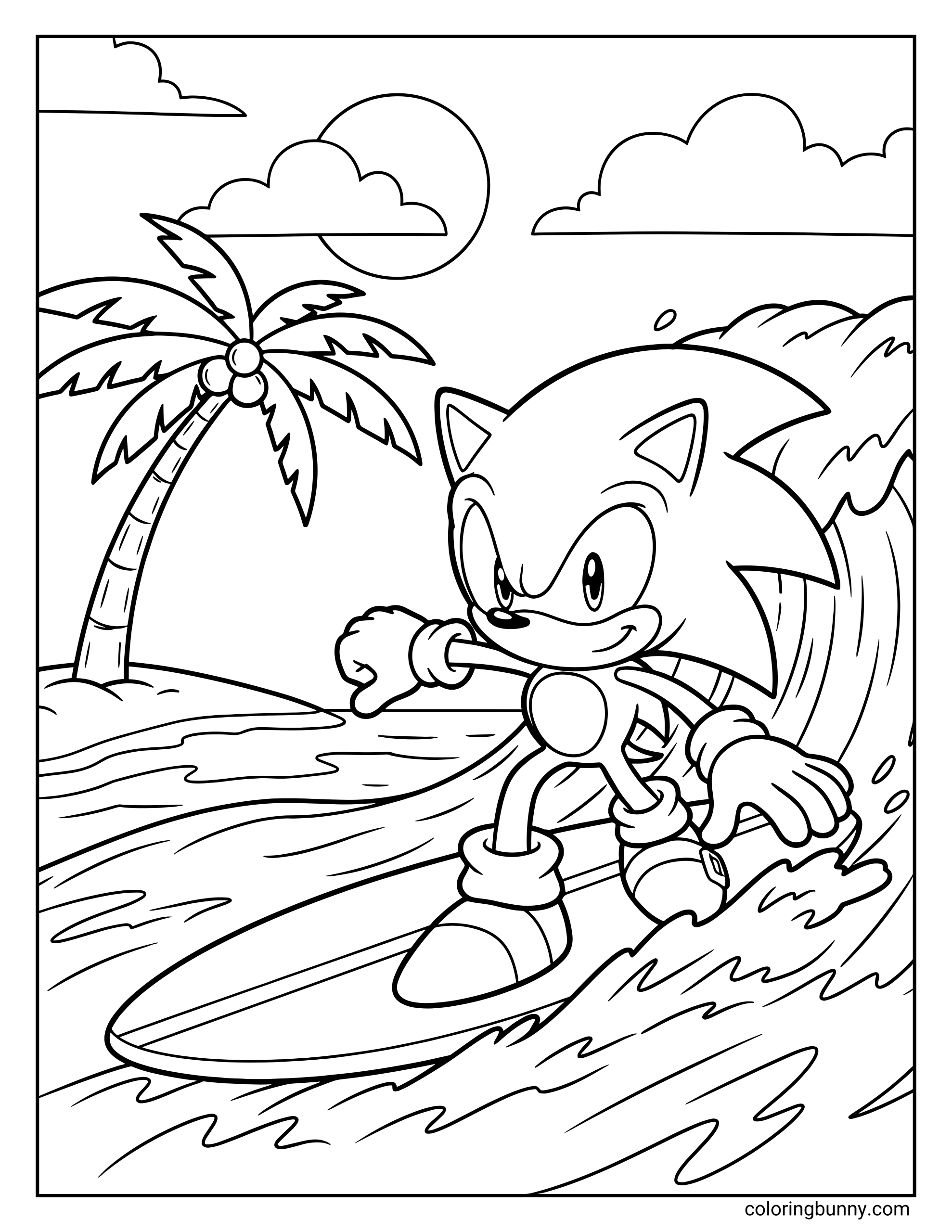A coloring page of Sonic the Hedgehog surfing a giant wave near the shore with a palm tree in the background, clouds in the sky, and the sun shining overhead.