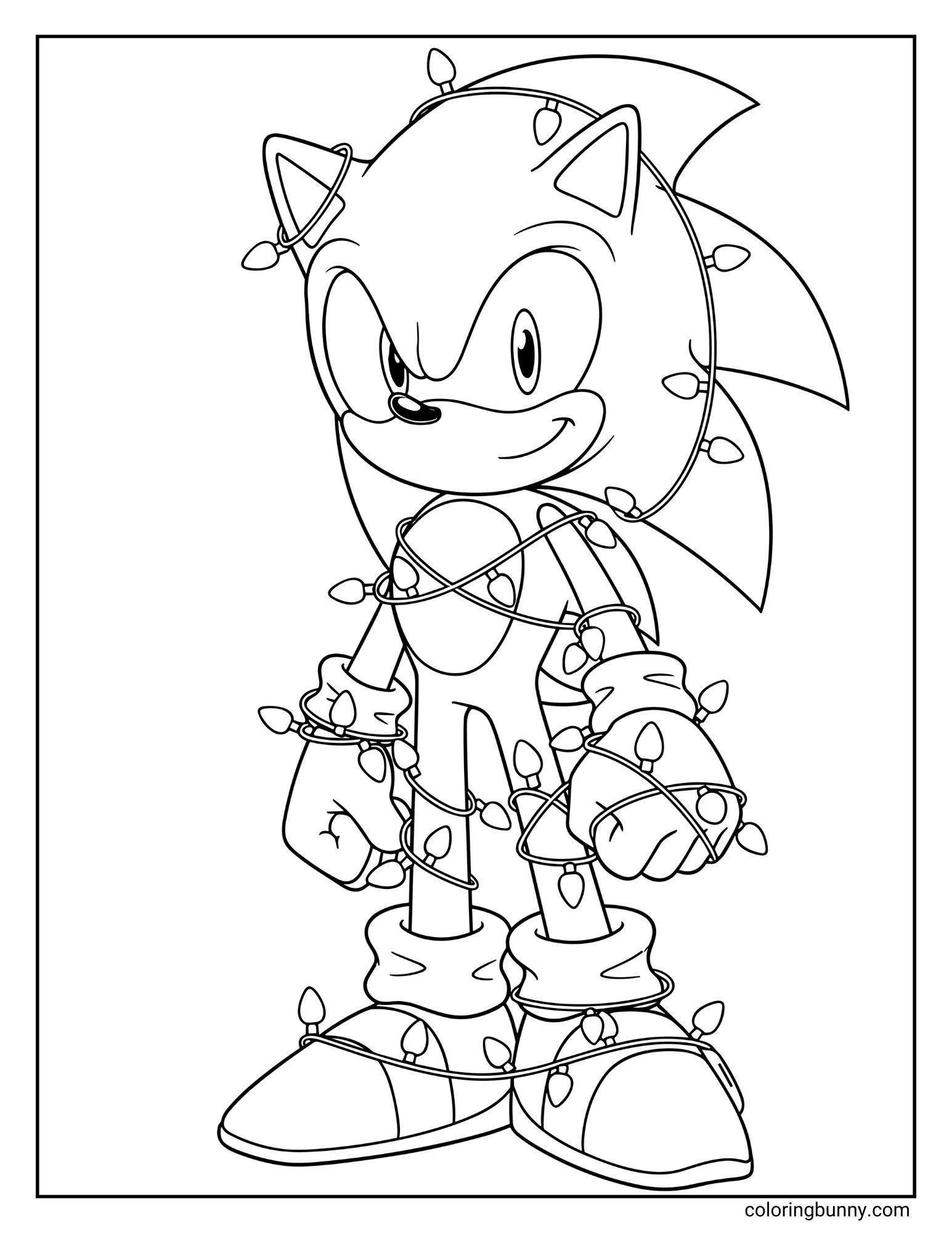 A black and white coloring page featuring Sonic the Hedgehog. He is standing with a slight smile while tangled up in a string of Christmas lights.