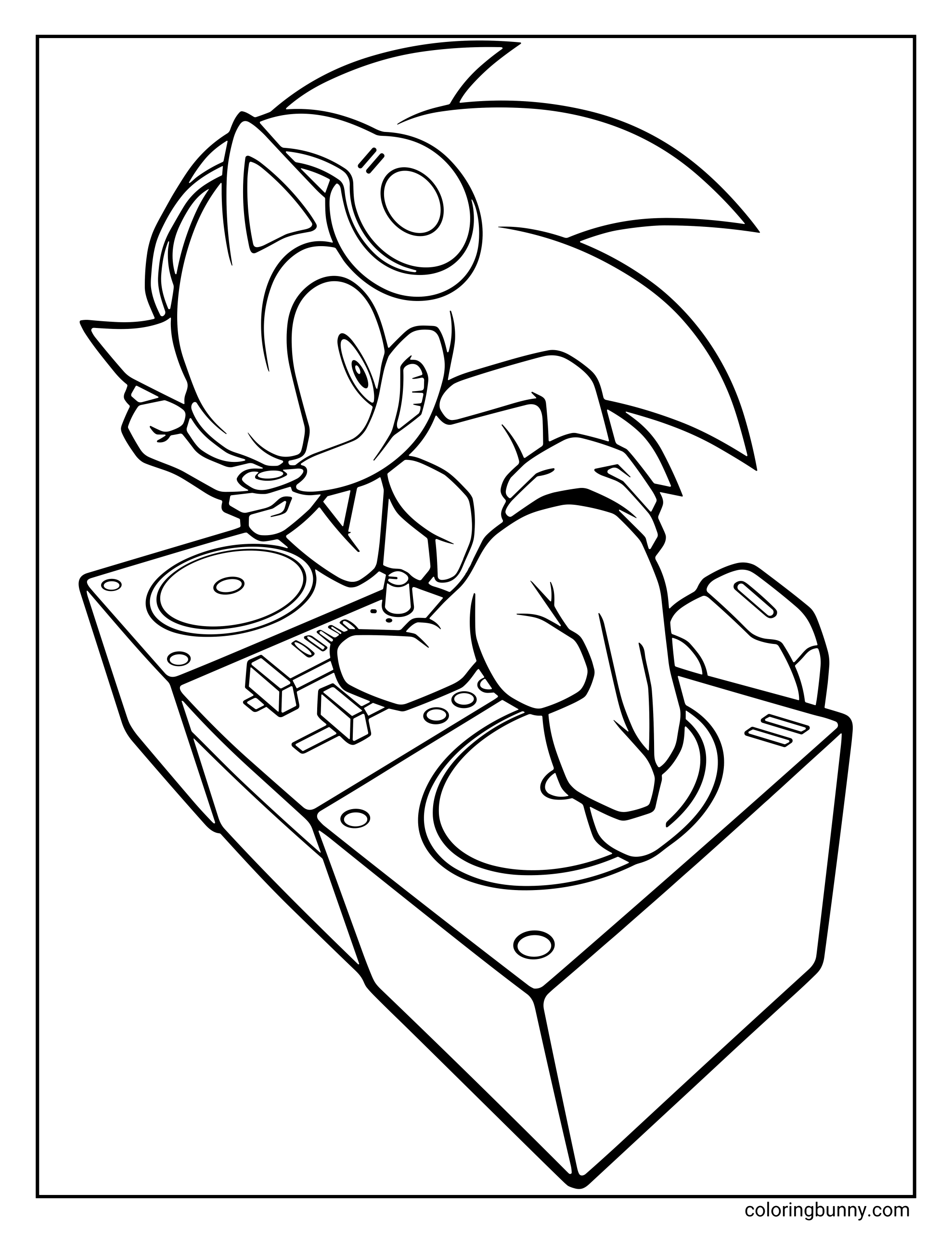 Sonic the Hedgehog coloring page featuring Sonic as a DJ, wearing large headphones and spinning records on a dual turntable setup. He has a confident smile and one hand on the mixer, ready to drop the beat.