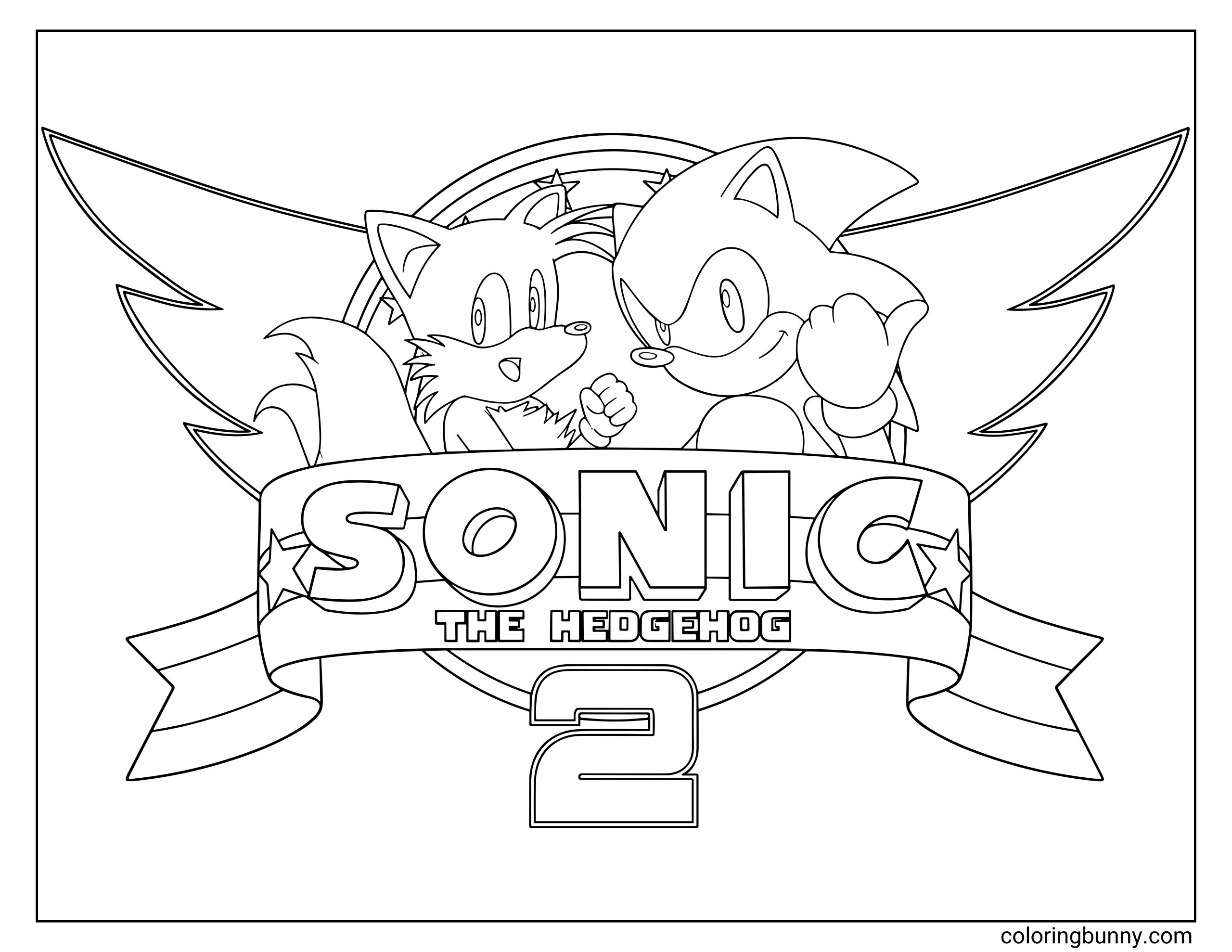 Sonic the Hedgehog 2 coloring page featuring Sonic and Tails posing confidently inside the classic winged logo from the 1992 video game. The banner reads “Sonic the Hedgehog 2,” with stars and flowing ribbons surrounding the emblem.