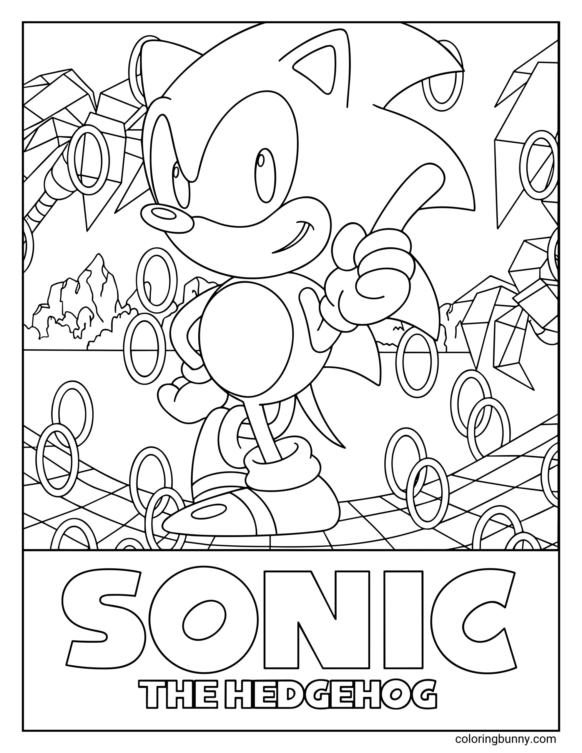 A coloring page of Sonic the Hedgehog standing proudly in a classic pose, surrounded by golden rings and geometric landscapes inspired by the early Sonic the Hedgehog Master System video game, with the title “SONIC THE HEDGEHOG” below.