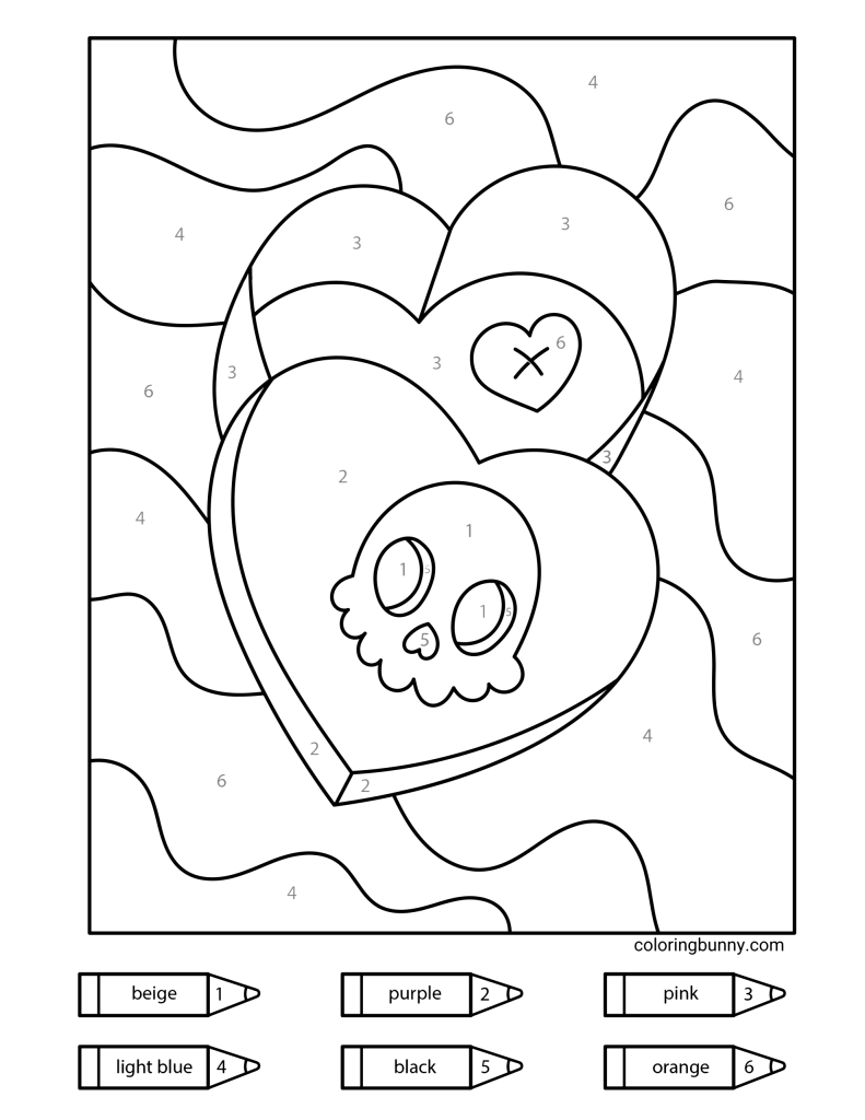 Color-by-numbers page featuring a spooky heart-shaped Halloween box with a skull on the front and a smaller heart with an “X” design inside, set against a wavy patterned background.