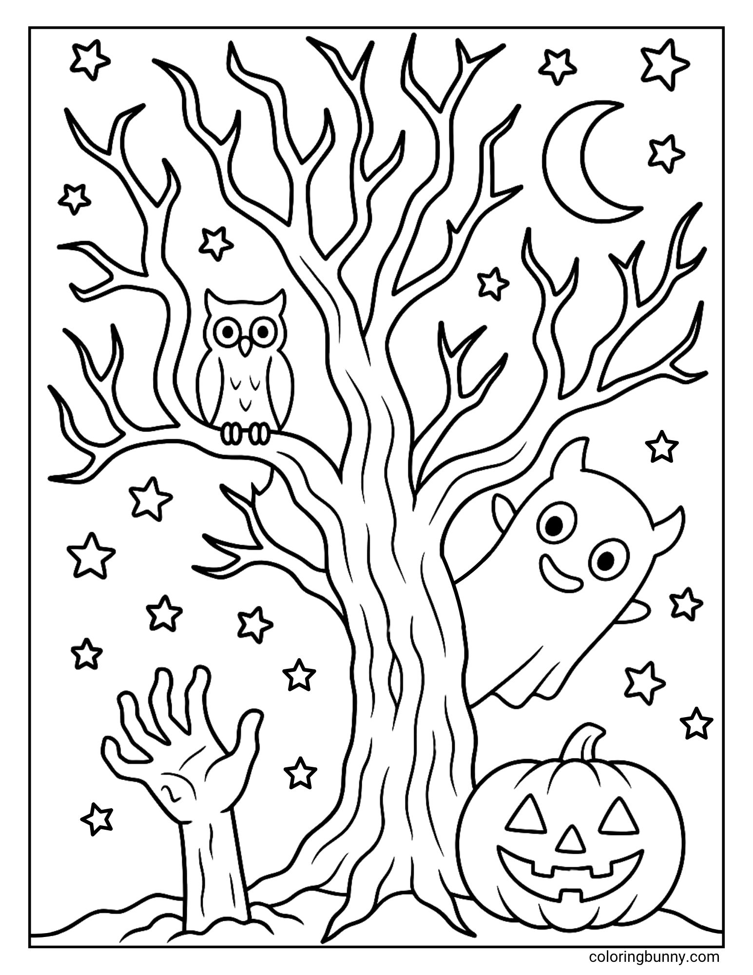 A classic Halloween coloring sheet featuring a spooky tree at night. A friendly ghost is peeking out from behind the tree, an owl is perched on a branch, and a zombie hand reaches up from the ground next to a jack-o'-lantern.
