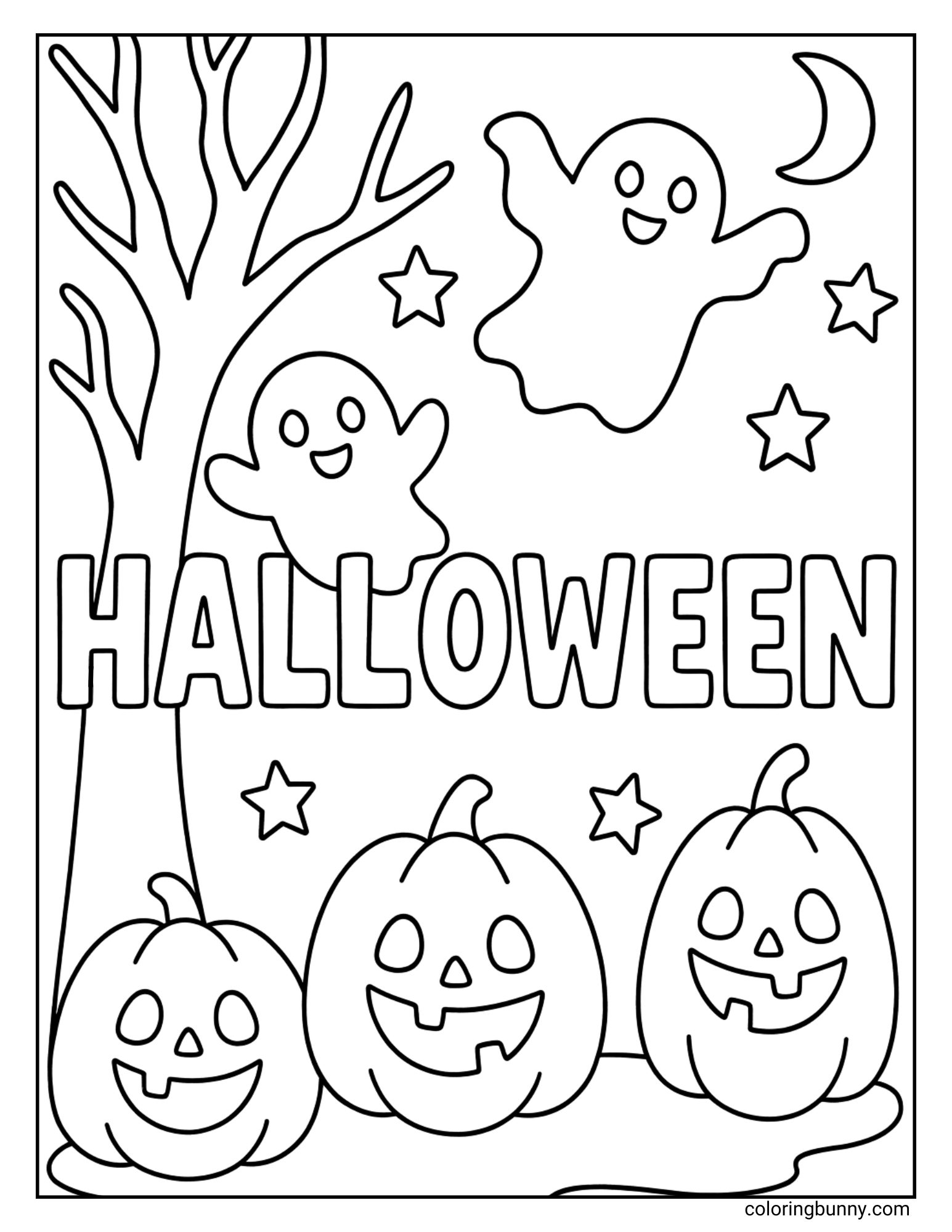 A classic Halloween coloring sheet with the word 'Halloween' in the center. The scene is a spooky night in a pumpkin patch, with two friendly ghosts floating near a bare tree, and a row of three smiling jack-o'-lanterns at the bottom.