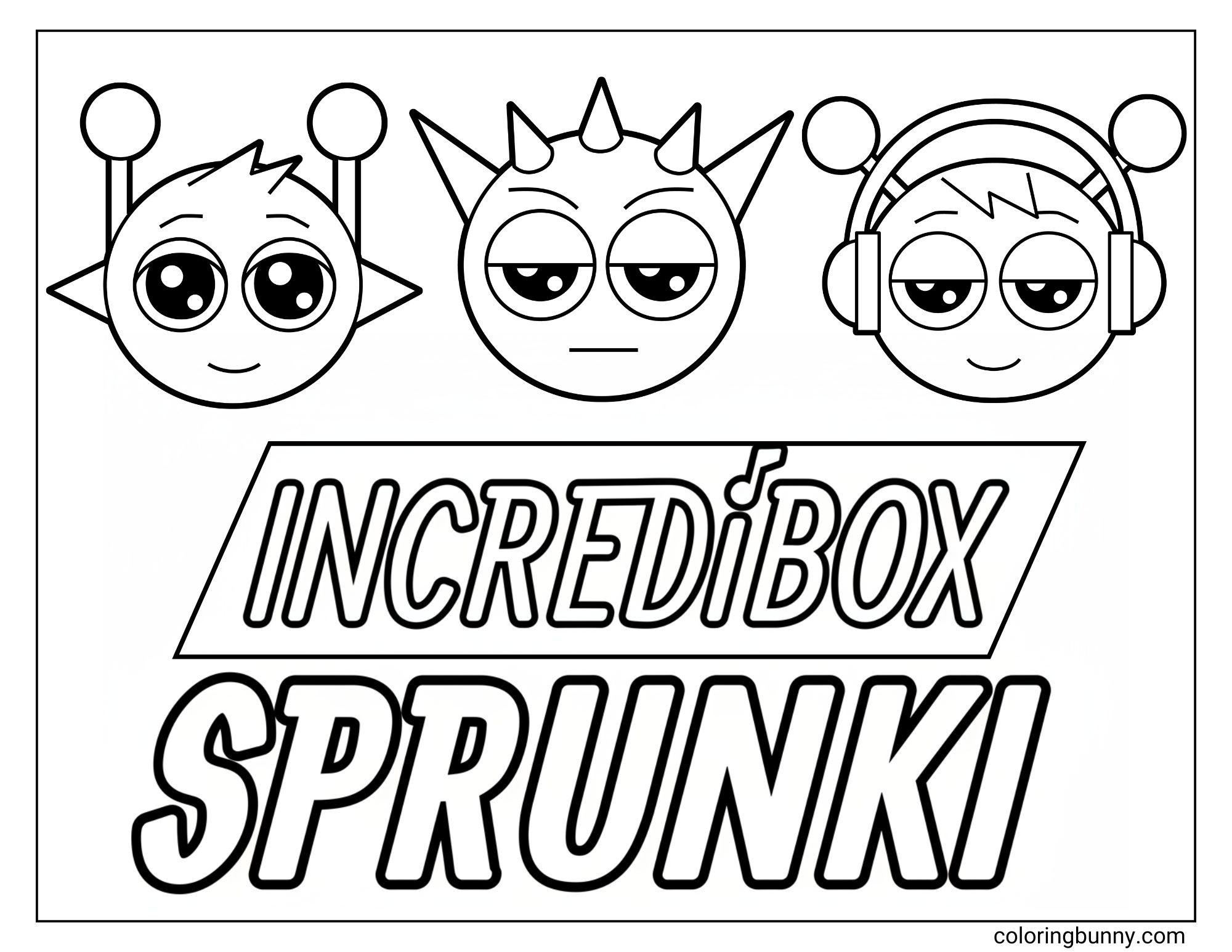 A coloring page of Sprunki characters with the Incredibox Sprunki logo below them each with distinct antennae headphones and expressions.