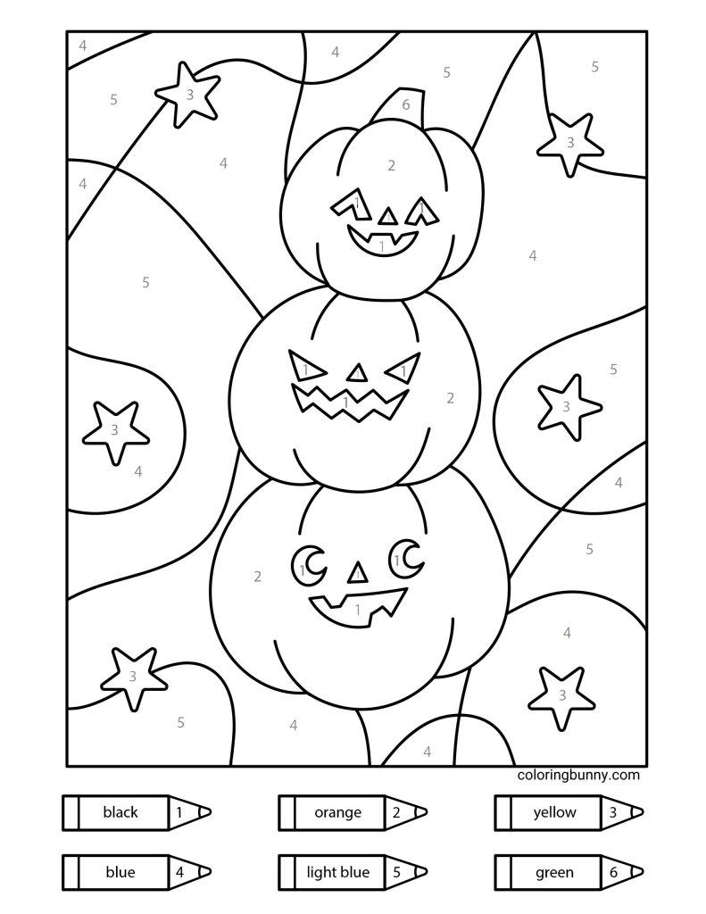 Color-by-numbers page showing three stacked jack-o’-lantern pumpkins, each with a different carved face, surrounded by stars and wavy background shapes.
