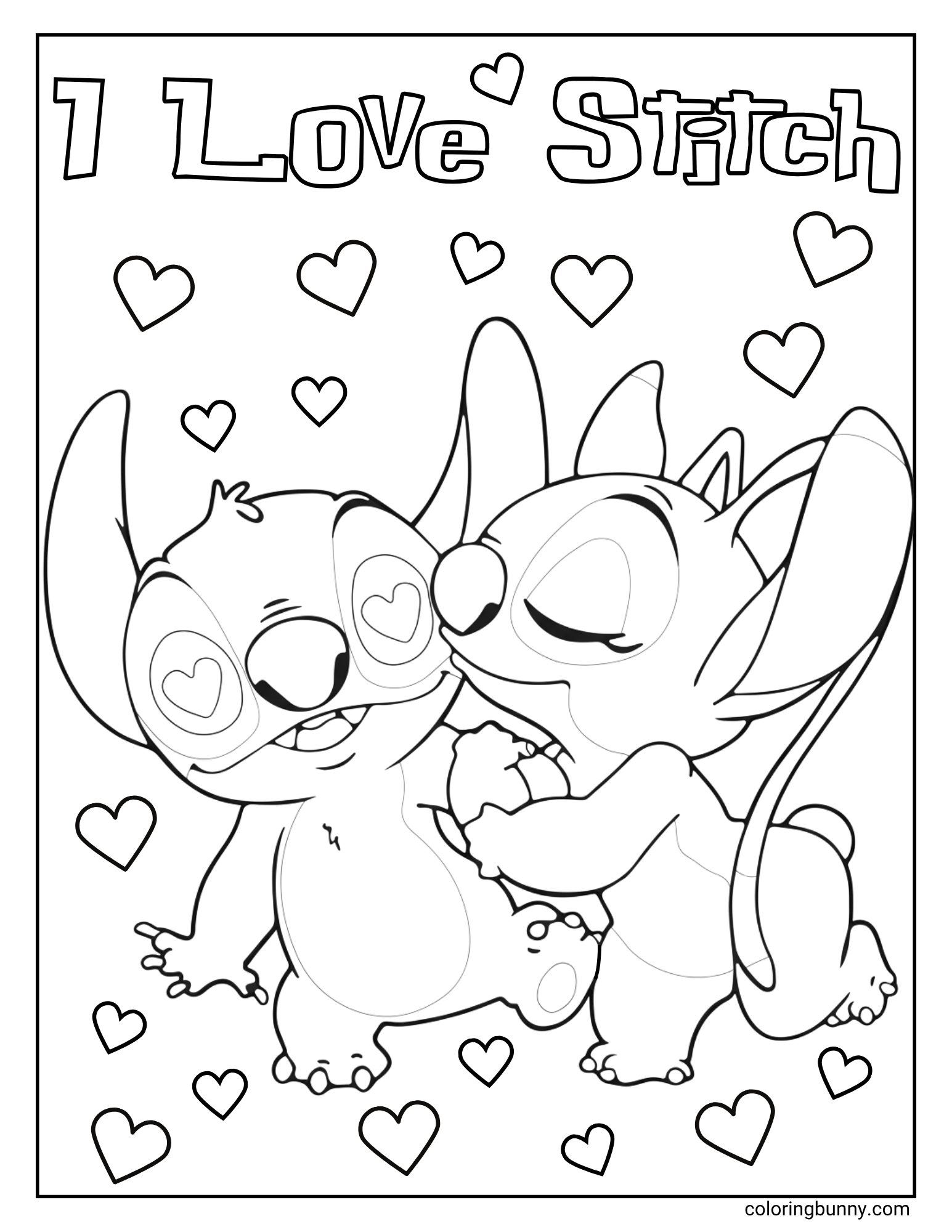 A Stitch coloring page featuring the cute Disney characters Stitch and Angel. Angel is giving a happy Stitch a kiss on the cheek, and Stitch has hearts in his eyes. The background is filled with hearts and the text "I Love Stitch."