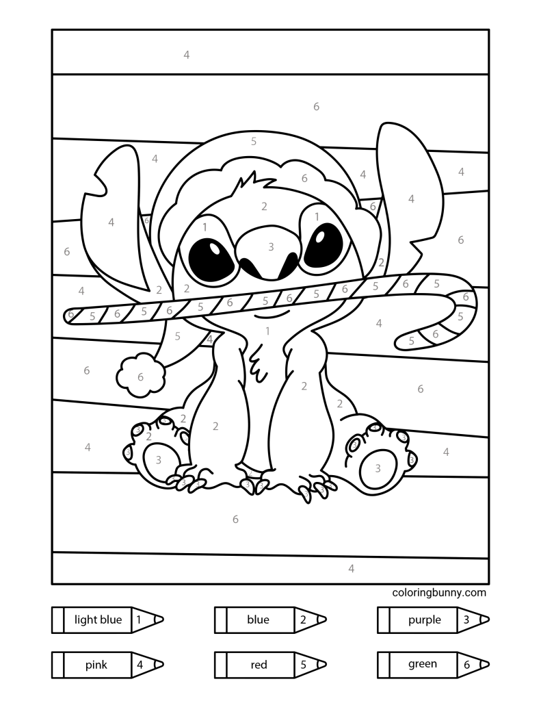 A color-by-number Christmas coloring page featuring Stitch wearing a Santa hat and playfully holding a candy cane in his mouth, sitting against a striped festive background.
