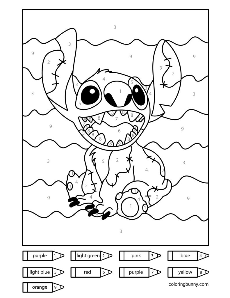 Stitch color-by-numbers Halloween coloring page showing Stitch in a stitched-up costume, and numbered sections for colors like purple, light green, pink, blue, light blue, red, yellow, and orange.