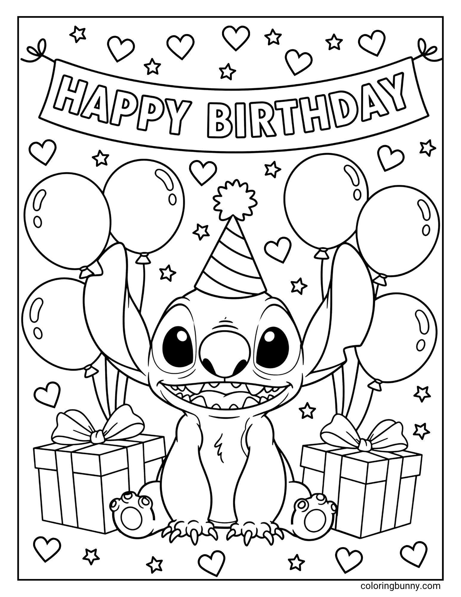 A Stitch birthday coloring page of the cute Disney character Stitch. He is sitting happily with a party hat on, surrounded by balloons, wrapped presents, hearts, and stars. A large "HAPPY BIRTHDAY" banner hangs above him.