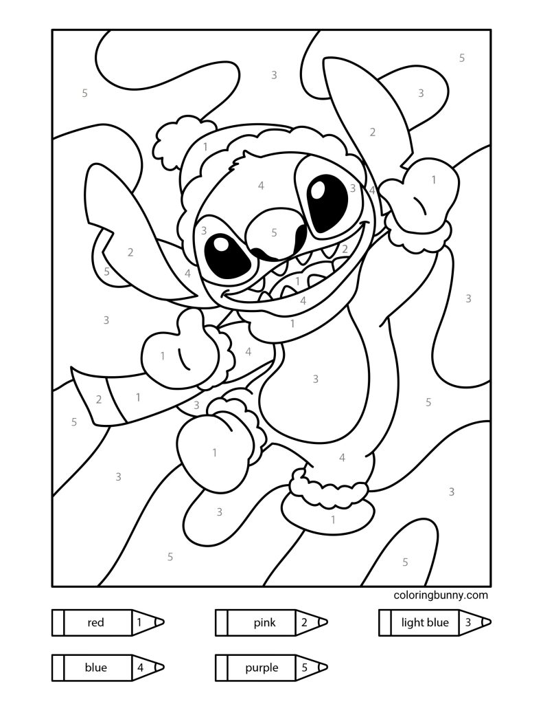 A color-by-number Christmas coloring page featuring Stitch dressed as Santa Claus, smiling mischievously and spreading holiday cheer against a festive wavy background.
