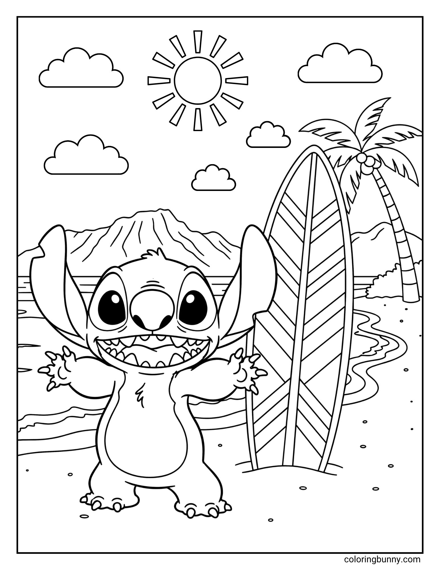 A fun Stitch coloring page of the cute Disney character Stitch ready for an adventure. He is standing on a Hawaiian beach with a huge, excited smile next to his surfboard. In the background are the ocean, a palm tree, and a mountain under a sunny sky.