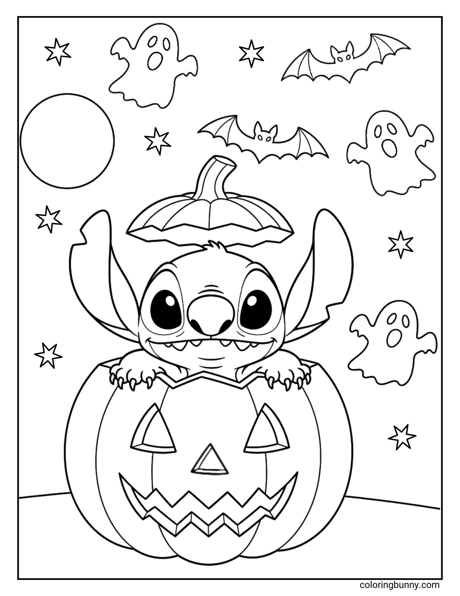 A Stitch Halloween coloring page of the Disney character Stitch. He is playfully bursting out of a large, carved jack-o'-lantern with the pumpkin's lid sitting on his head like a hat. The scene is set at night with ghosts and bats flying around a full moon.