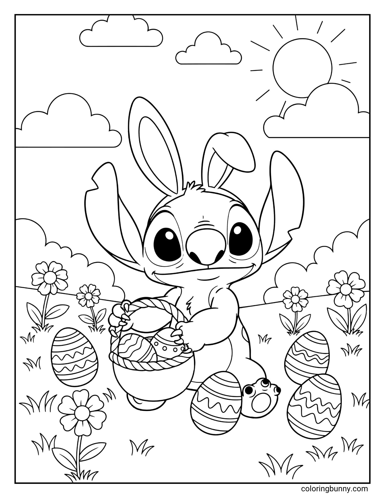 A Stitch Easter coloring page of the Disney character Stitch. He is wearing a pair of bunny ears and sitting happily in a sunny meadow while holding a basket full of decorated Easter eggs. More eggs and flowers are in the grass around him.