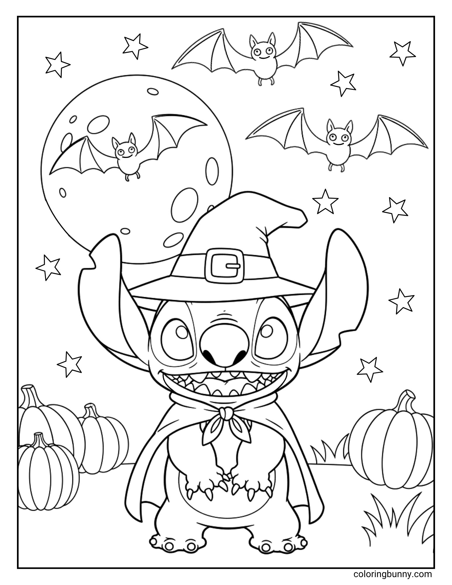A fun Halloween coloring page of the Disney character Stitch dressed as a vampire. He is wearing a witch's hat and a cape, standing in a pumpkin patch at night. Bats fly around a large full moon in the starry sky.