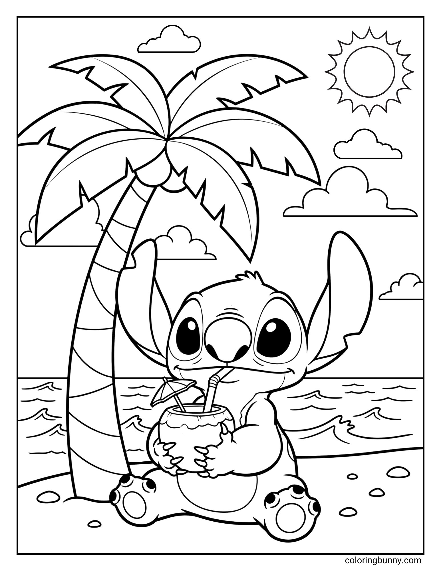 A cute Stitch coloring page of the Disney character Stitch relaxing on a tropical beach. He is sitting peacefully under a palm tree and sipping a refreshing drink from a coconut that is decorated with a small umbrella. The ocean and a sunny sky are in the background.