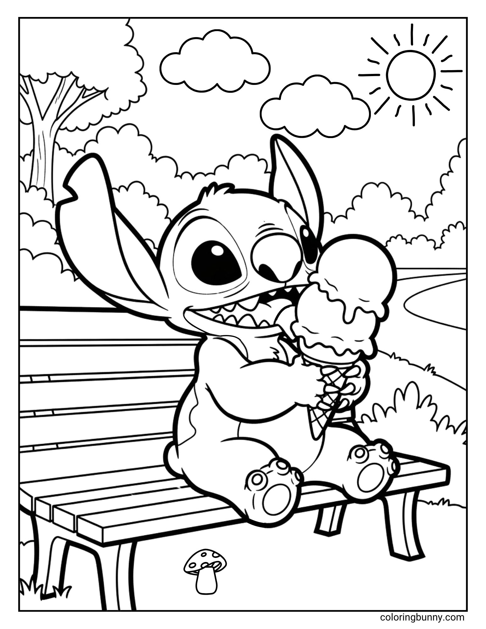 A cute coloring page of the Disney character Stitch enjoying a treat in the park. He is sitting on a bench on a sunny day, about to take a big bite of an ice cream cone. The background shows trees, bushes, and a path.