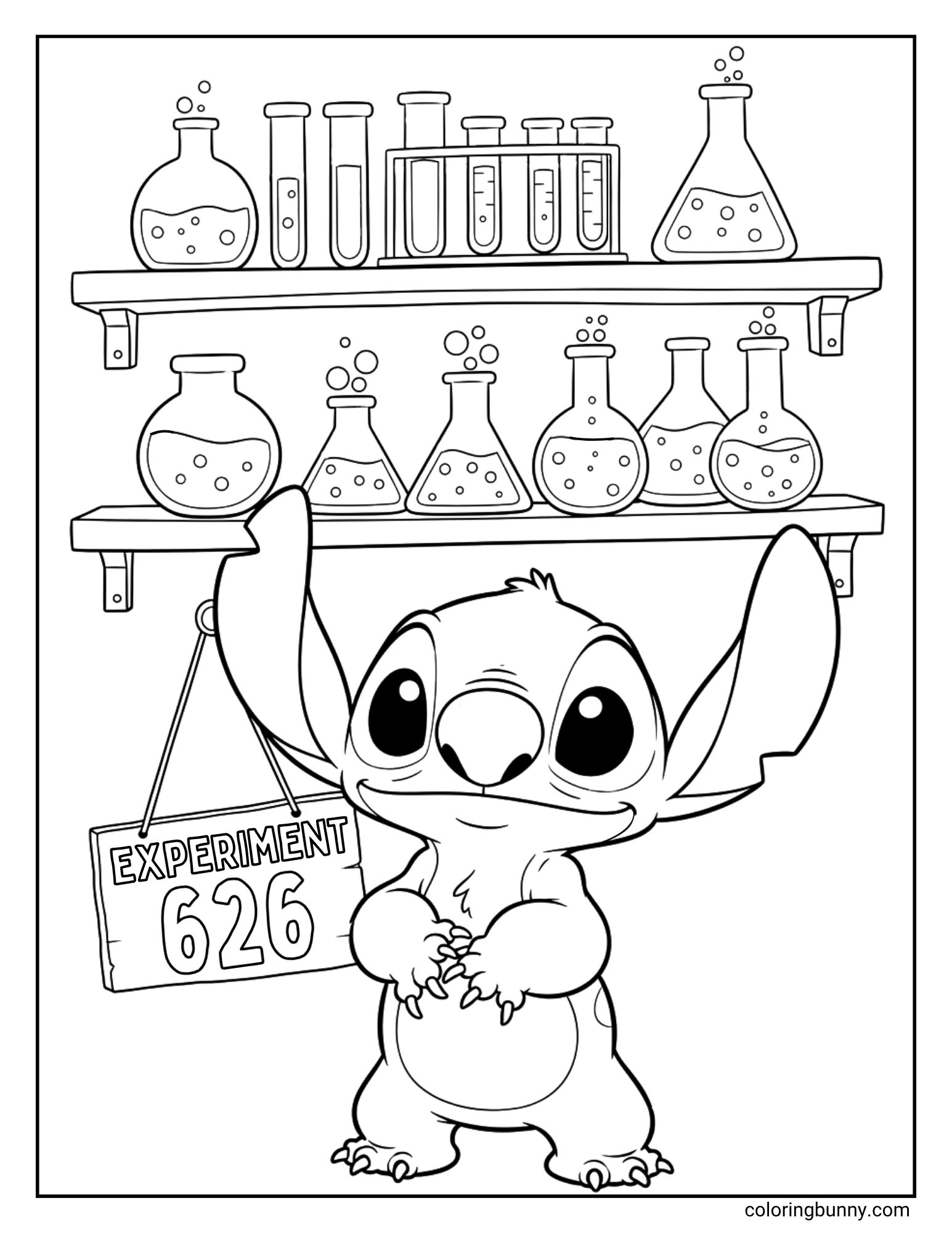 A fun Stitch coloring page of the Disney character Stitch in a laboratory. He is standing with a mischievous smile and holding up a sign that says "EXPERIMENT 626." The shelves behind him are filled with bubbling beakers, flasks, and test tubes.
