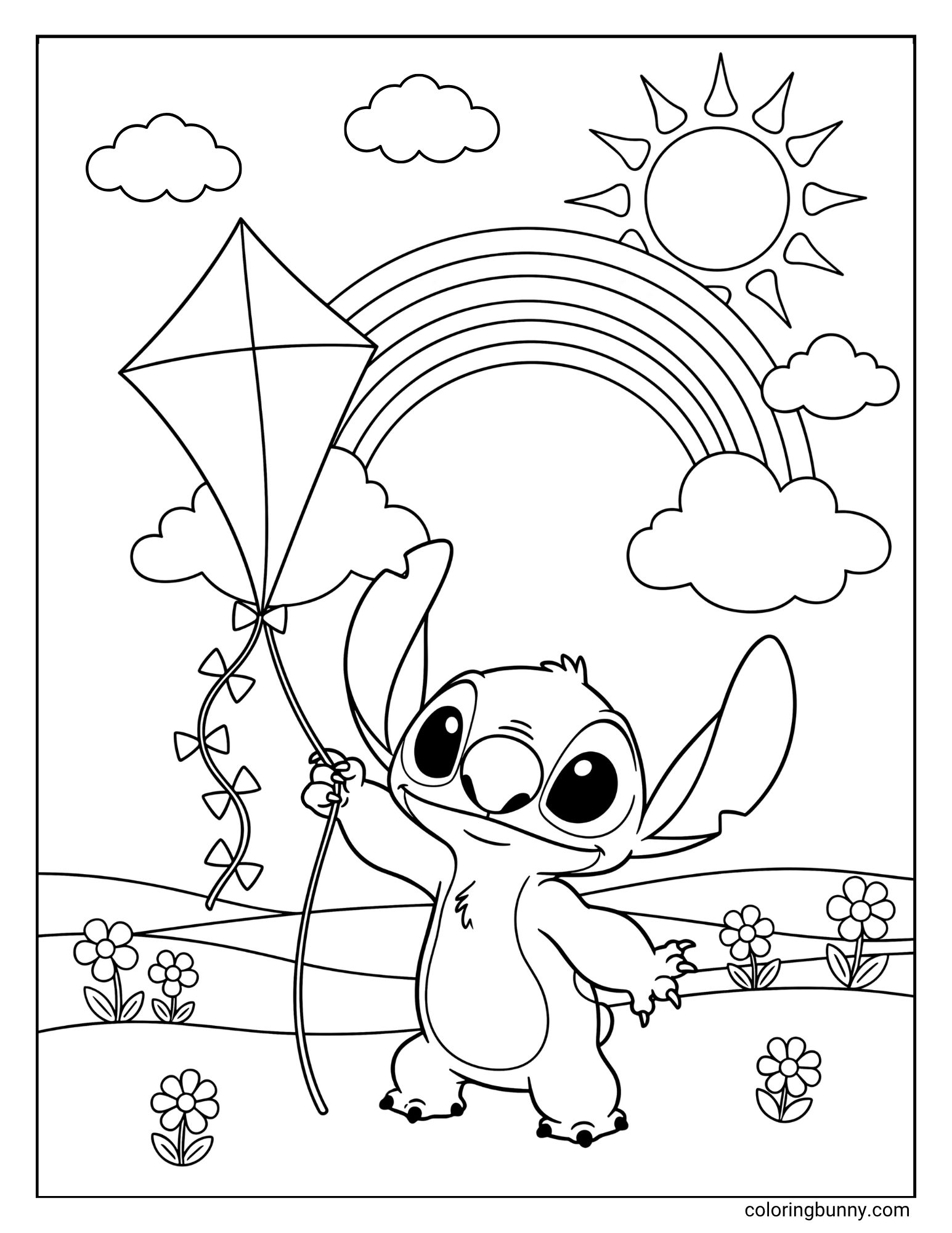 A Stitch coloring page of the cute Disney character Stitch. He is smiling and flying a kite in a beautiful meadow filled with flowers. In the sky behind him are a bright sun, fluffy clouds, and a large rainbow.