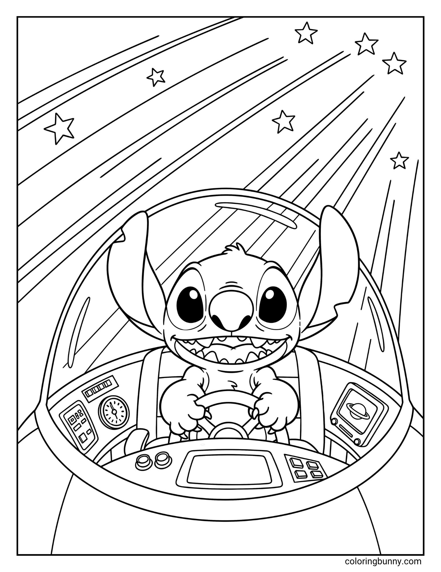 A coloring page of the character Stitch piloting a spaceship. He is sitting in the cockpit with a large, happy grin, holding the steering controls. Through the window, stars and speed lines are visible.