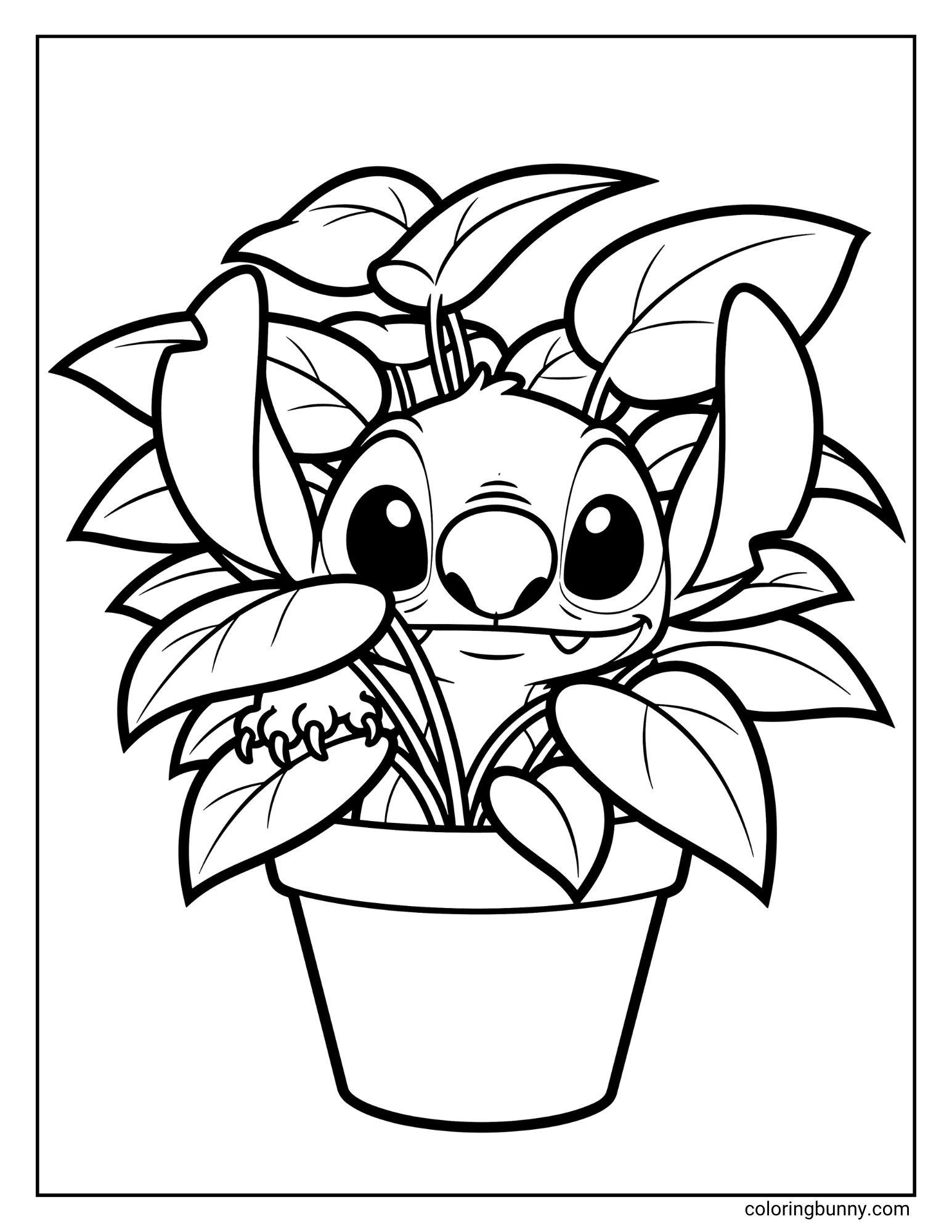 A coloring page of the character Stitch hiding inside a potted plant. His head and ears are peeking out from between the large leaves, and he has a mischievous expression. The background is blank.