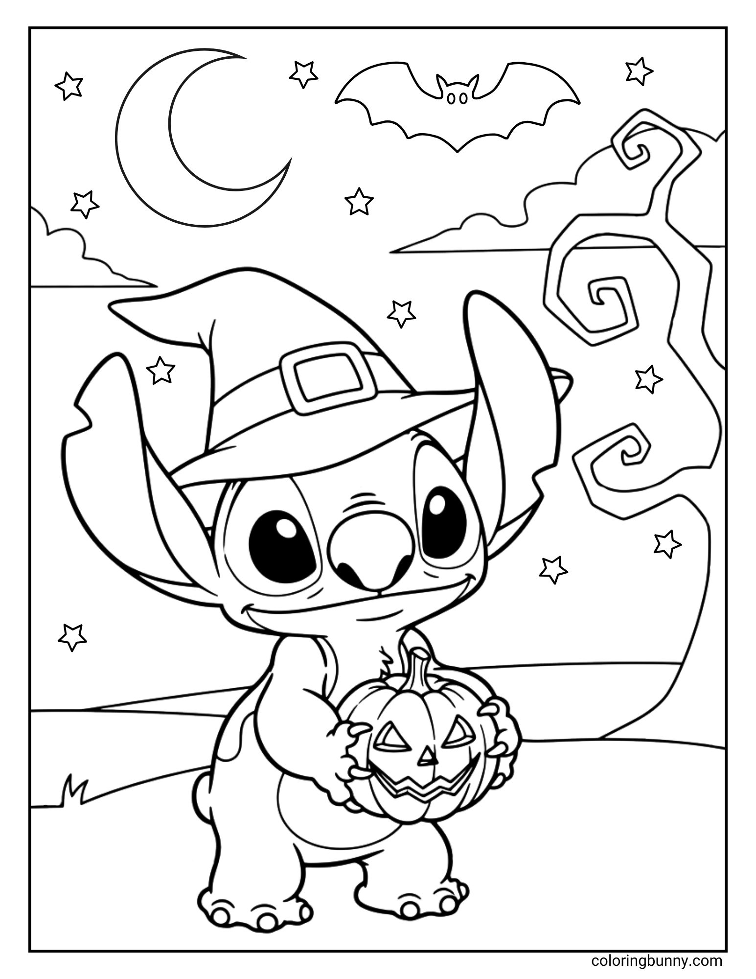 A cute Stitch Halloween coloring page of the Disney character Stitch dressed up as a witch. He is wearing a pointed hat and holding a small jack-o'-lantern while standing in a spooky forest at night, with a bat and a crescent moon in the sky.