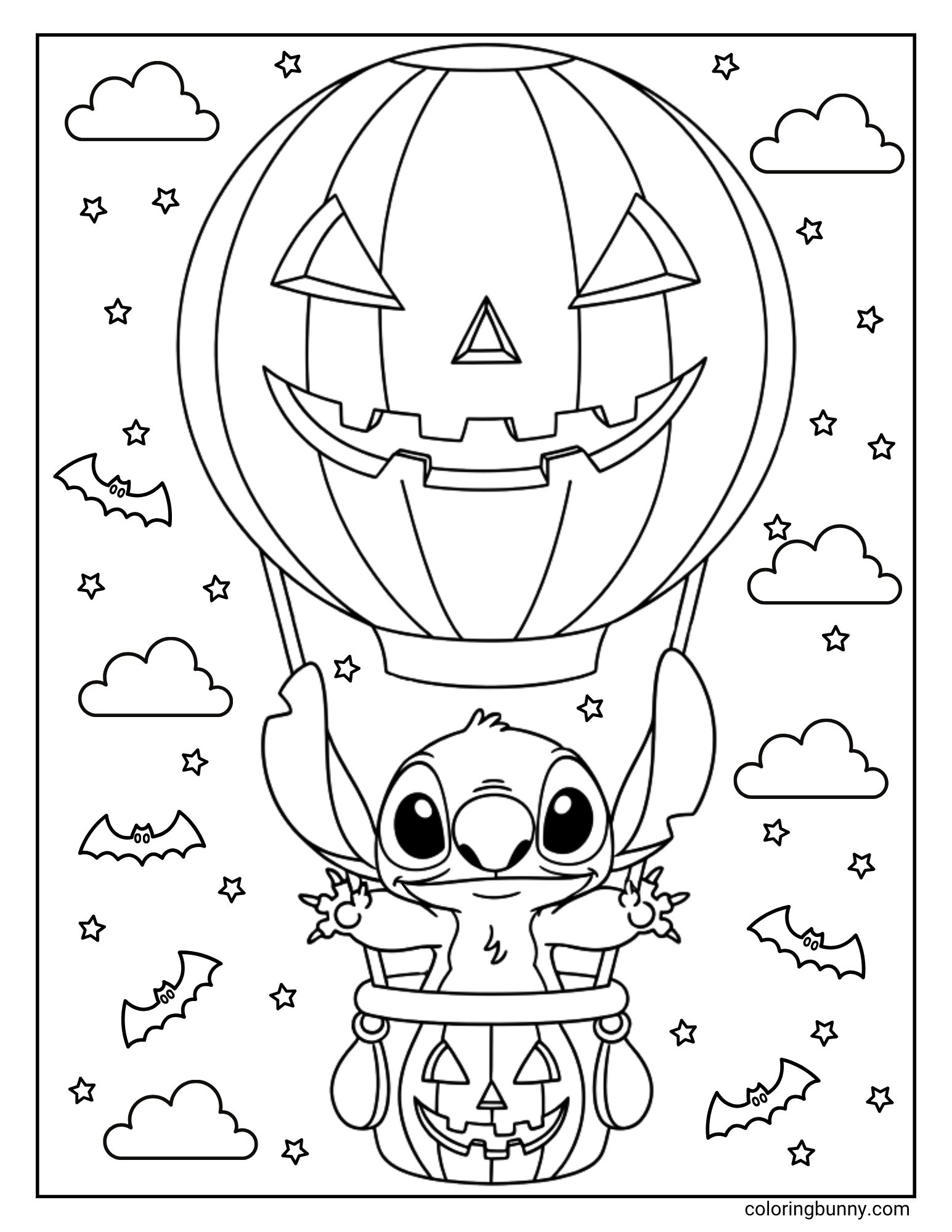 A Stitch Halloween coloring page of the Disney character Stitch. He is happily riding in a hot air balloon where both the balloon and the basket are shaped like smiling jack-o'-lanterns. He is floating through the night sky, surrounded by bats and stars.