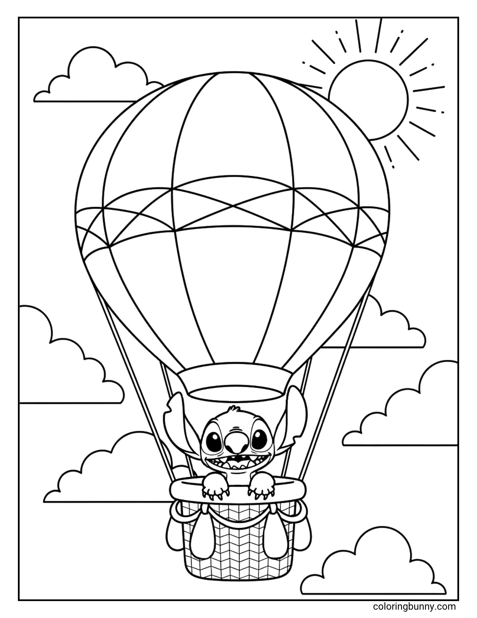A cute coloring page of Stitch on an adventure. He is peeking with a big smile from the basket of a hot air balloon as it flies high in the sunny, cloud-filled sky.