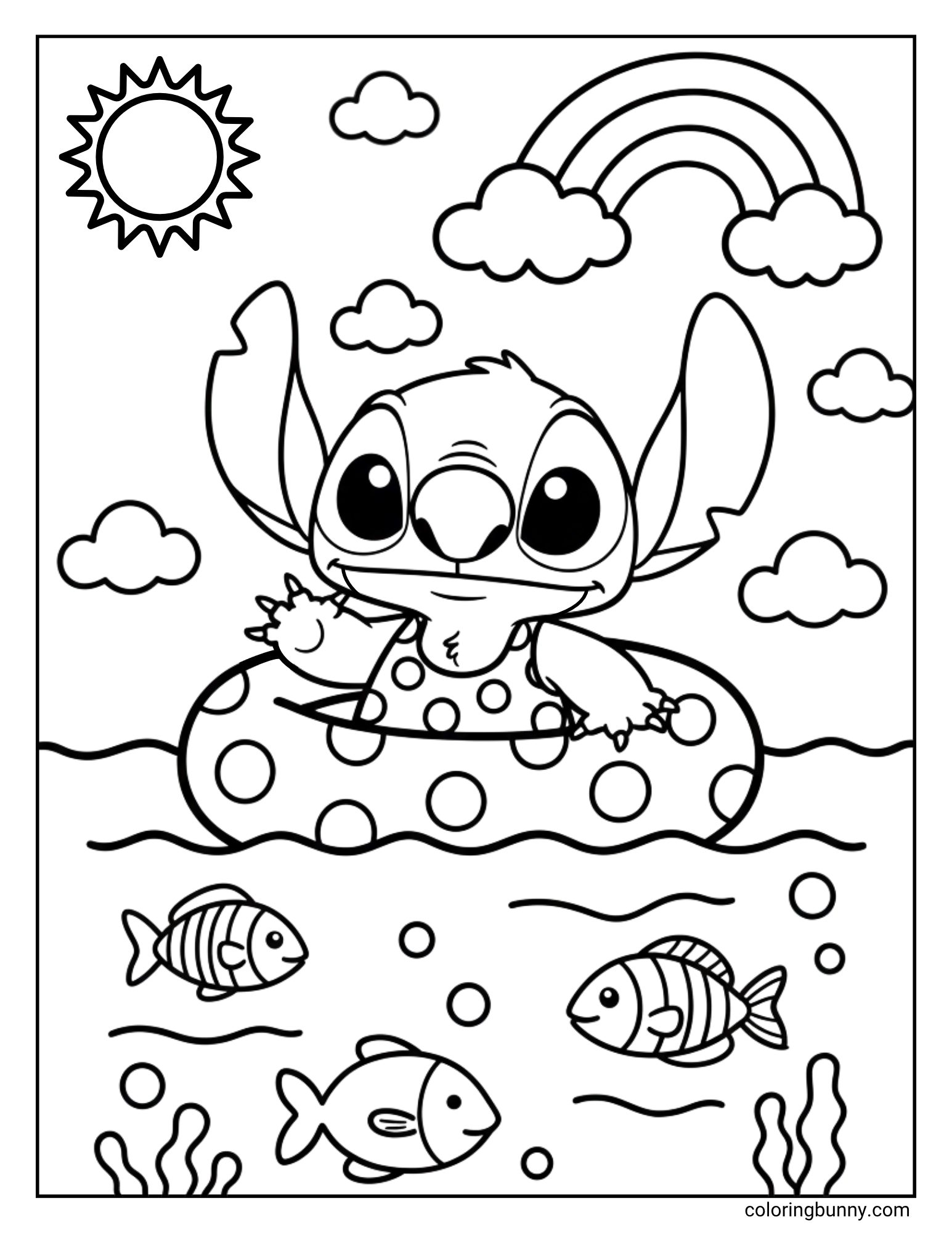 A cute Stitch coloring page of the Disney character Stitch relaxing in the ocean. He is floating in a polka-dot pool ring and waving, while friendly fish swim around him. A bright sun and a beautiful rainbow are in the sky.