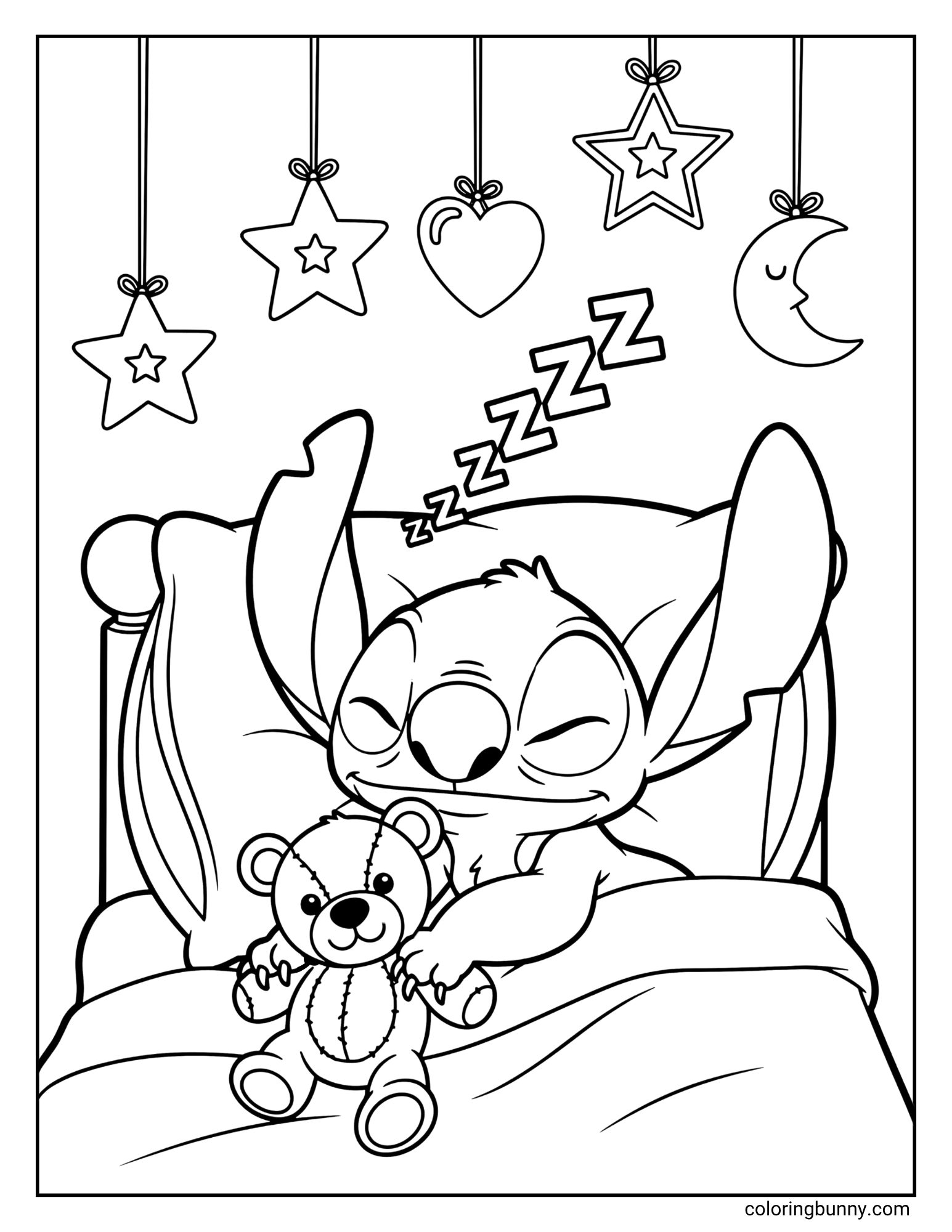 An outline drawing for a coloring page shows the character Stitch asleep in a bed. He is hugging a stitched teddy bear, and "Zzz"s float above his head. A mobile with hanging stars, a heart, and a crescent moon is above the bed.